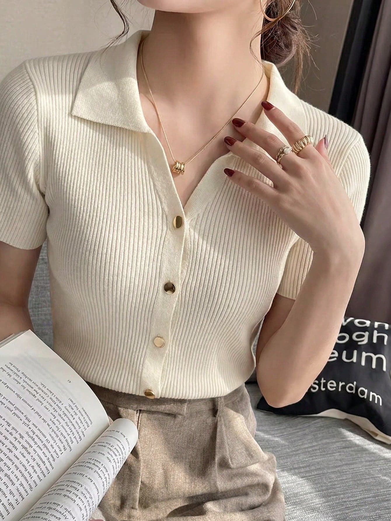 Fashionable Polo Collar Raglan Short Sleeve Knit T-Shirt For Women, Lightweight, Versatile Cardigan Top, Spring/Summer