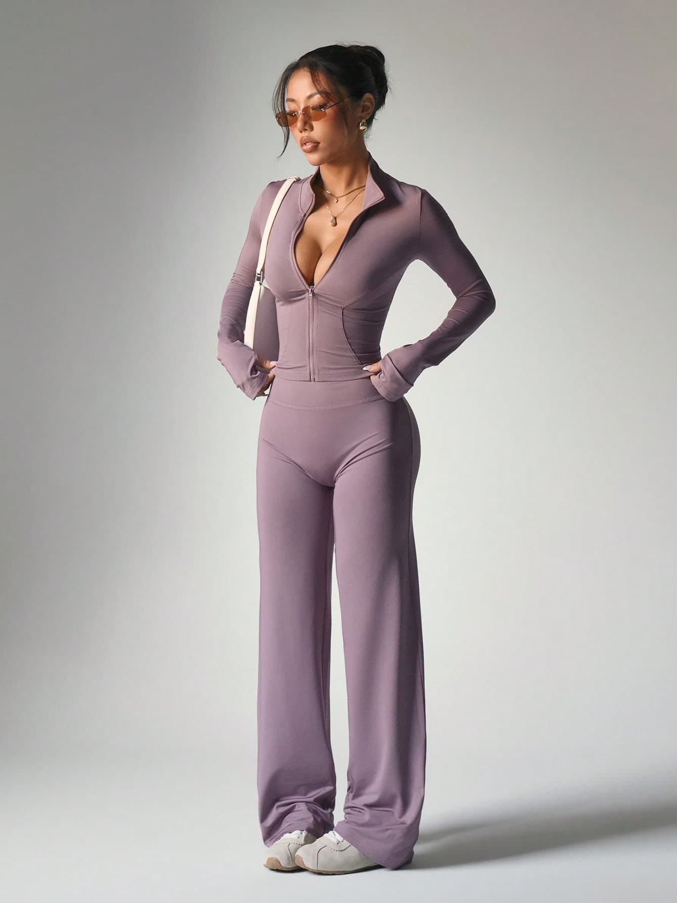 2pcs/Set Taro Purple Zipper Fitted Long Sleeve Top + Loose Wide Leg Pants Yoga Outfit Spring Sports