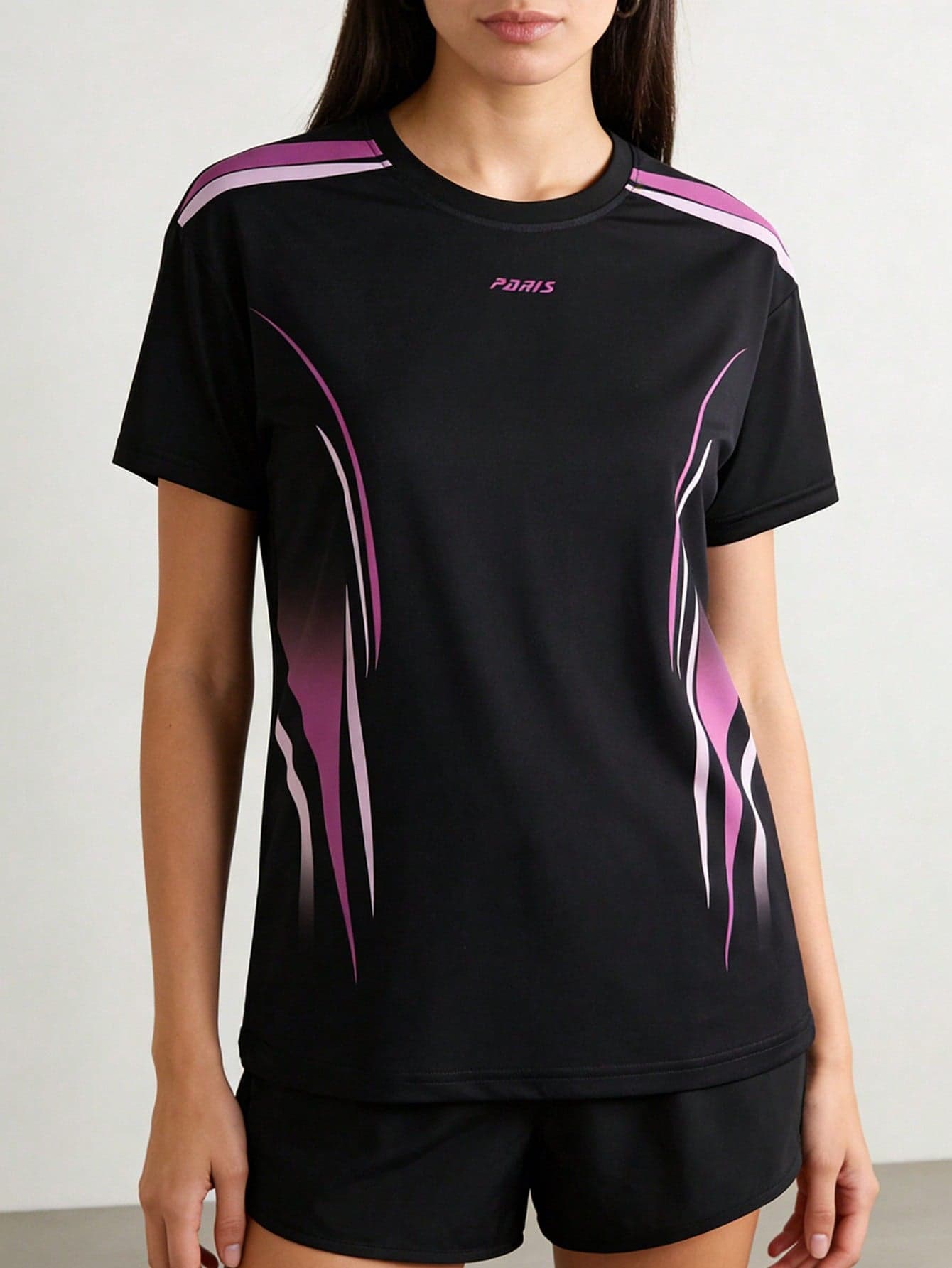 Women's Quick Dry Sports T-Shirt, "PARIS" Letter Print With Pink Abstract Stripe For Gym & Workout