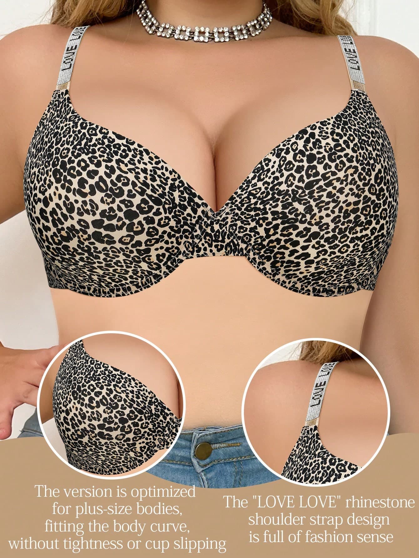 mimilemon Plus Size Women Leopard Print Underwire Bra - Rhinestone Decorated Straps, All-Day Comfort