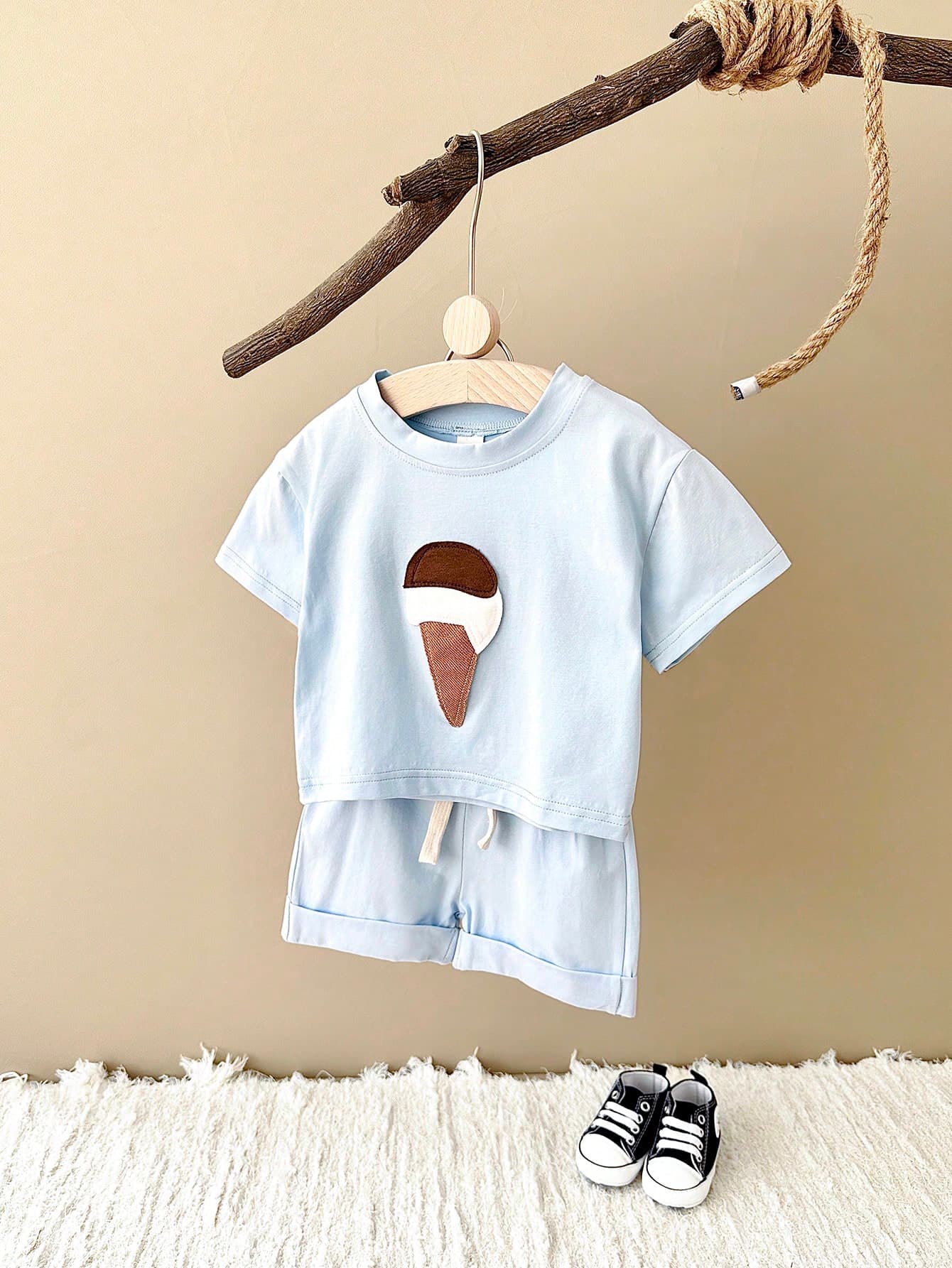 2pcs/Set Toddler Boys/Girls Casual Ice Cream Patchwork Short Sleeve T-Shirt And Shorts Summer Outfit