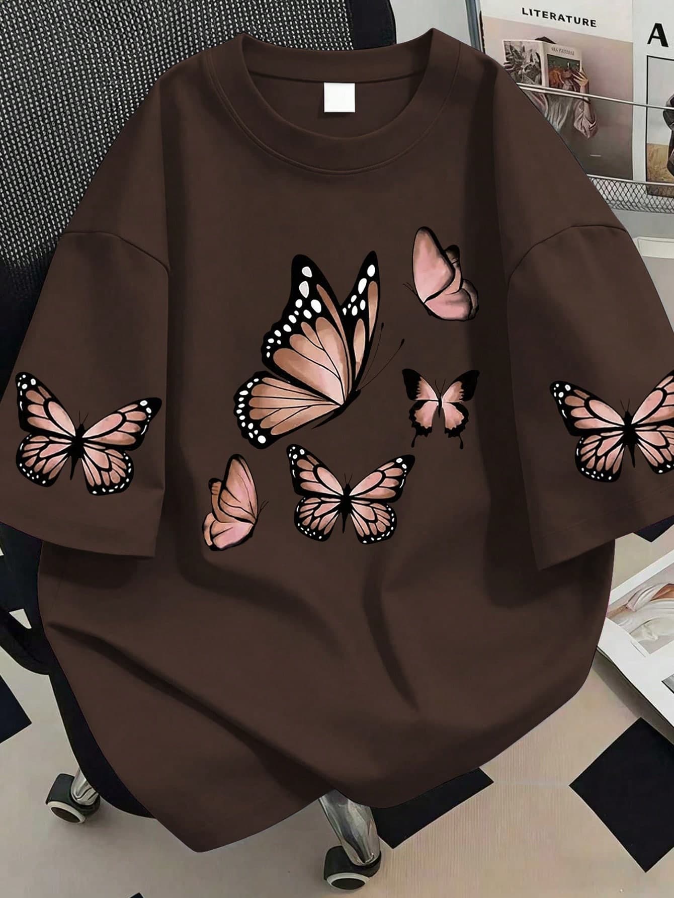 Plus Size Women's Summer Casual Vacation Daily Commute Butterfly Print Loose Fit T-Shirt, Suitable For Summer Holiday Outfits, Beach Outfits, Vacation Outfits, Spring Outfits, Valentine's Day Outfits, Carnival Outfits, Mother's Day Gift; Mom Gift; Graduation Short Sleeve Top; Back To School Outfit; Graduation Ceremony; Women Teacher Outfit; Summer Family And Friends Outfits. Suitable For Daily Wear, Outings, Holidays, Beach, Parties, Birthdays, Beach, Gatherings, School, Music Festivals, Vacations, Commuting,