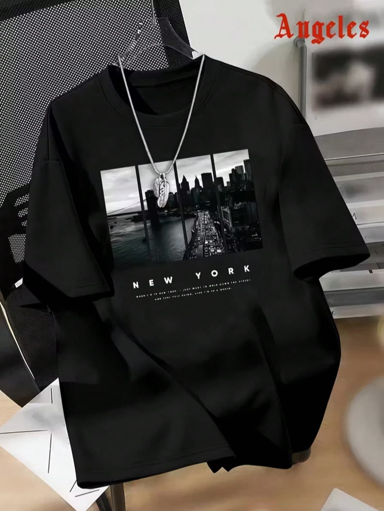 Teen Boy Black & White New York City Street Scene Print T-Shirt, All-Match Style, Vintage New York City Landscape Short Sleeve Loose Fit Versatile Black Tee, Fashionable And . The Style And Practicality Of City And Landscape, It's A Great Surprise Gift For Family And Friends. Whether It's Casual, Sporty Or Cool Style, It Can Be Perfectly Handled.
