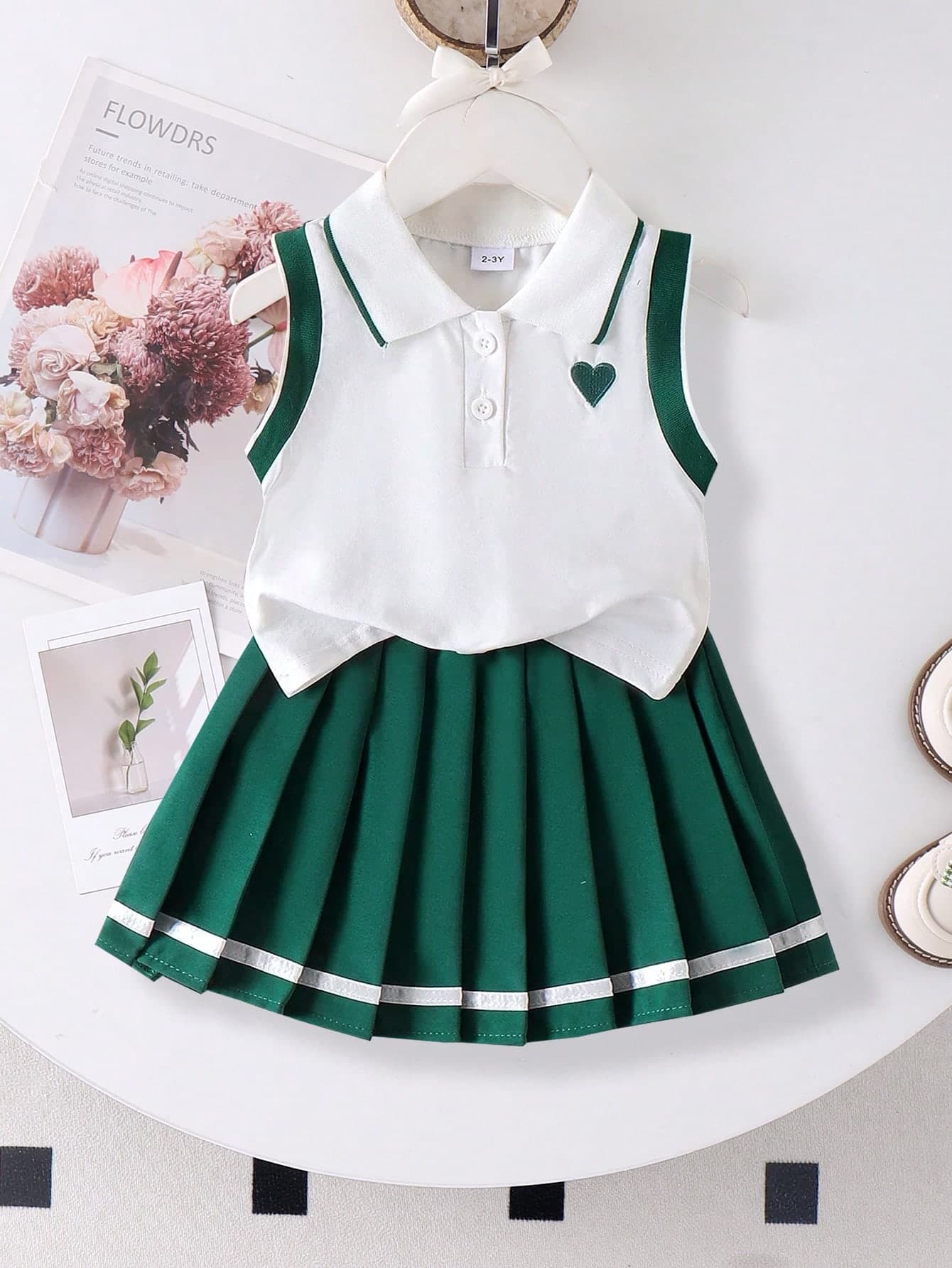 2pcs Girls' School Sports Polo Collar Heart Embroidered Sleeveless Top And Pleated Skirt Set, Summer