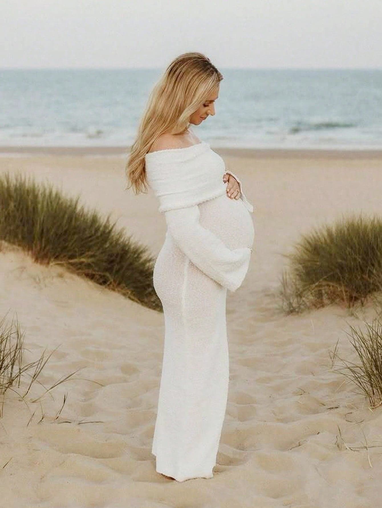 JustVH Maternity Off-Shoulder Semi-Sheer Knit Long Sleeve Solid Color Dress, Suitable For Beach Photography Fall