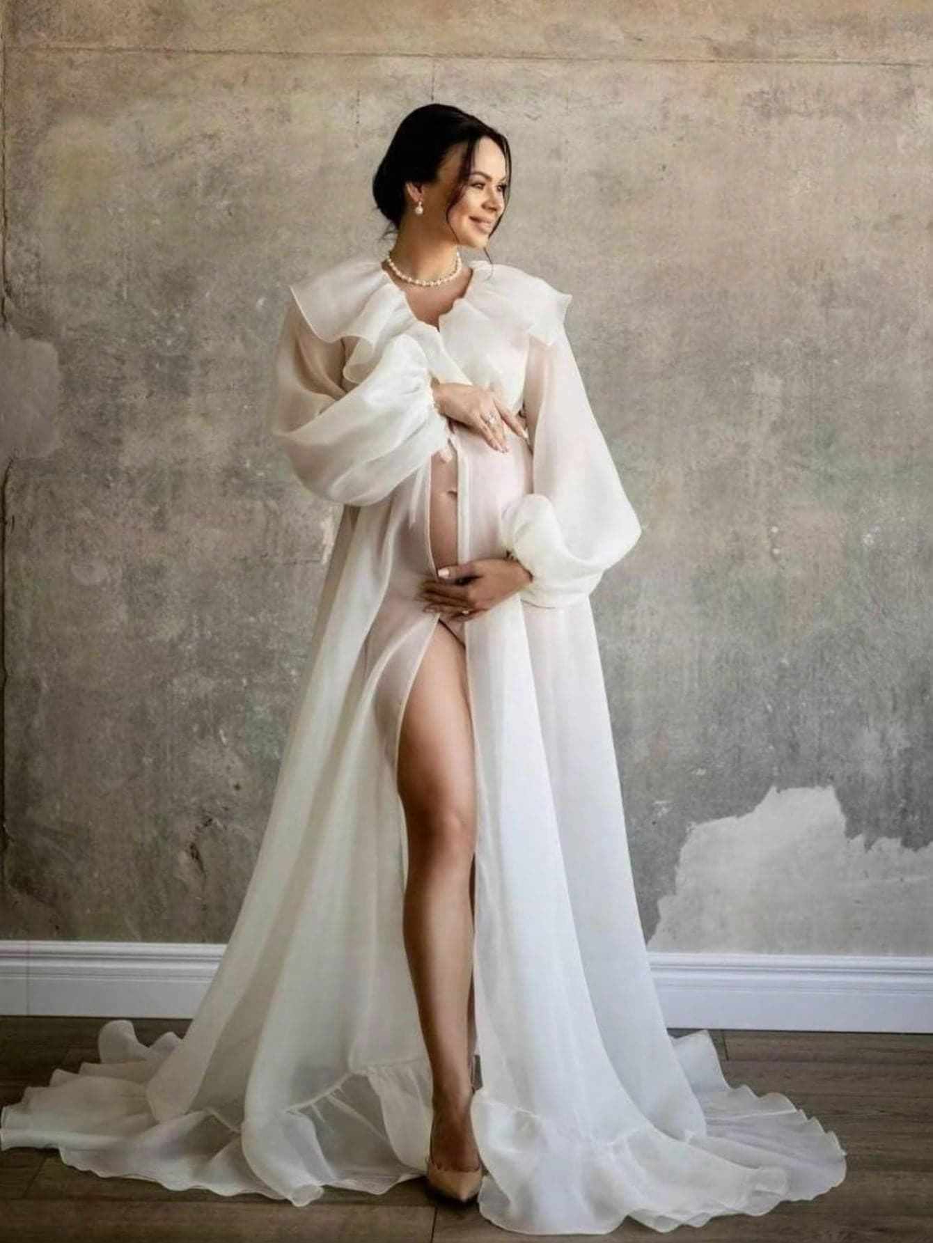 Maternity Ruffle Lantern Sleeve Chiffon Robe, Suitable For Photography Spring White