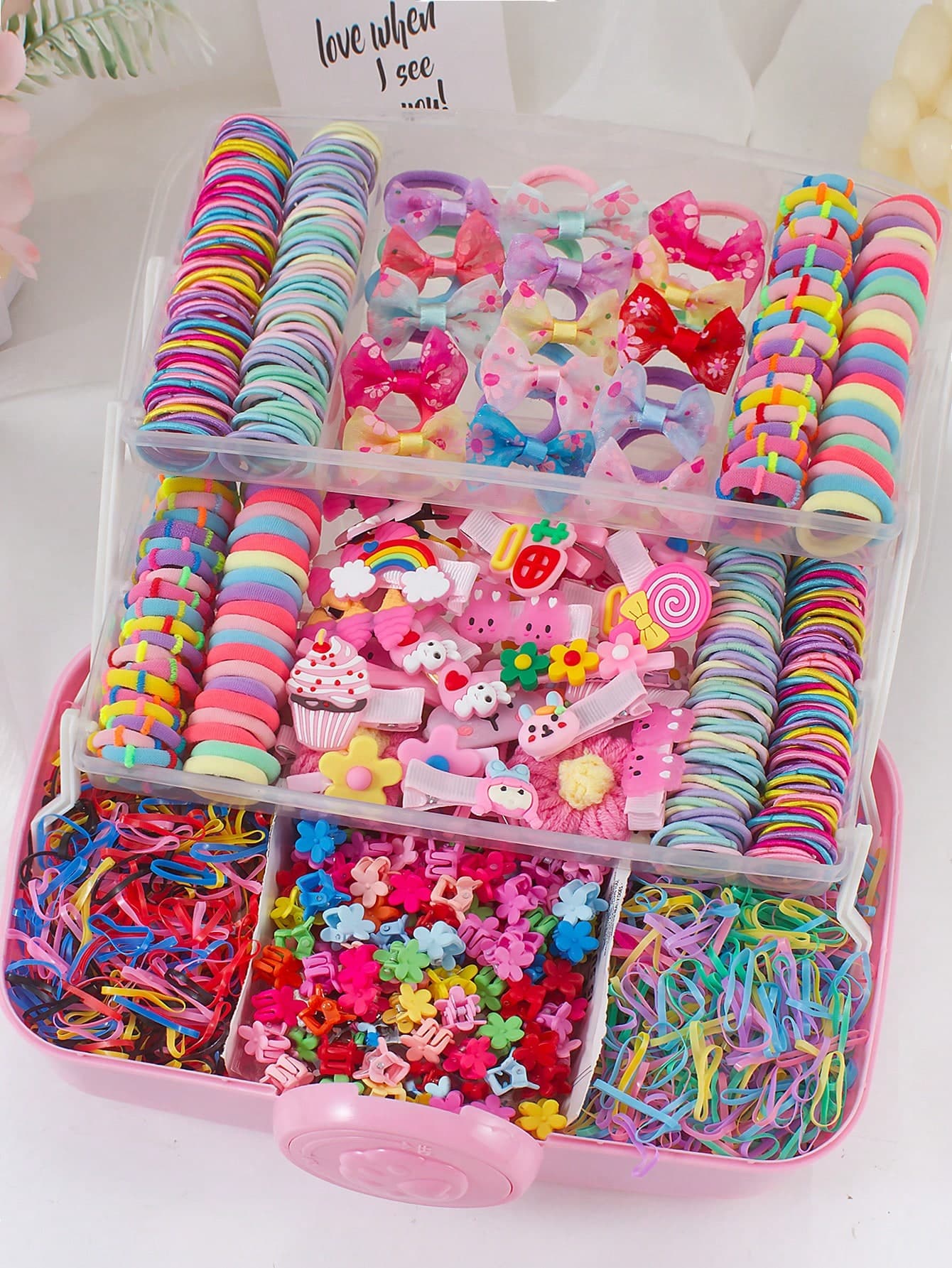 928PCS Pink Rabbit Mixed Hair Ties And Hair Clips Set Packaged In OPP Bags