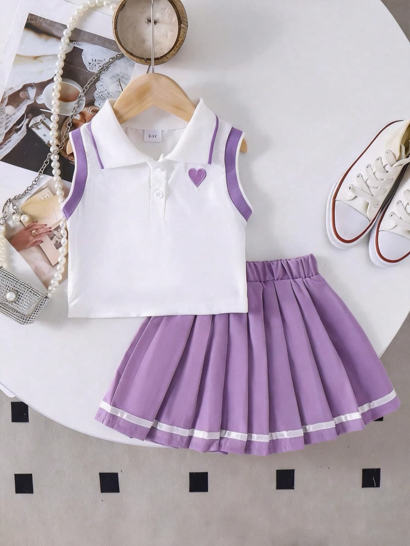 2pcs Girls School Sports Collar Heart Embroidered Sleeveless Tank Top And Pleated Skirt Set, Summer