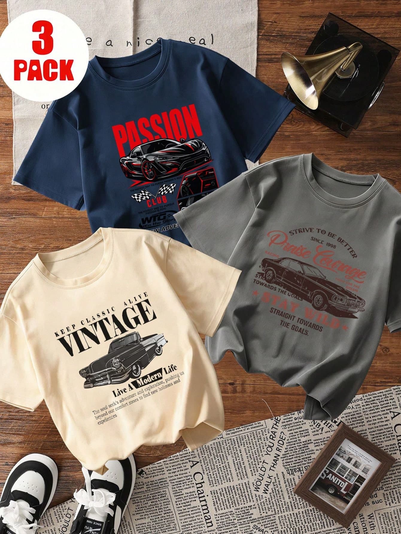 3pcs/Set Tween Boys' Car Print Short Sleeve T-Shirt, Young Student Clothing, Suitable For Tween Boys Summer Tops