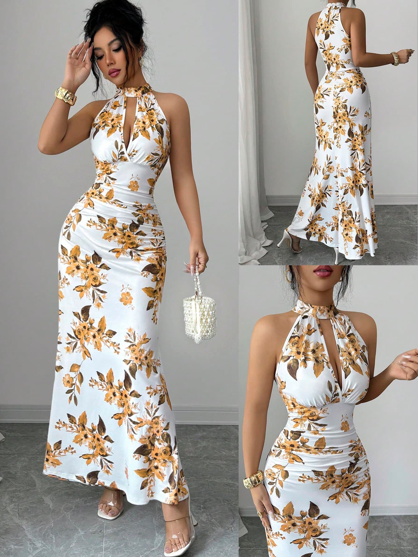 Women's Long Floral Print Dress, Waist Cinched Bodycon Dress, Versatile Style, Waist Slimming Design, Elegant And Youthful, Suitable For Spring, Summer And Autumn Seasons