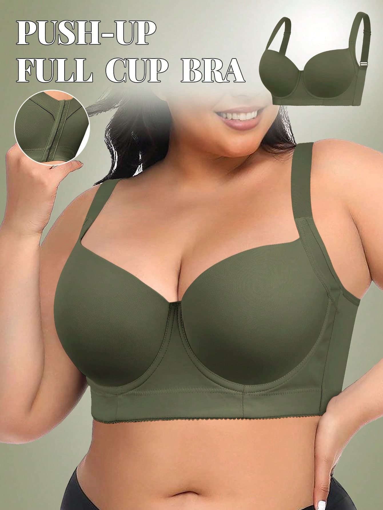 MIMILEMON Olive Green Seamless Plus Size Women's Bra, Smooth Minimalist Wide Strap Comfortable Lift Bra