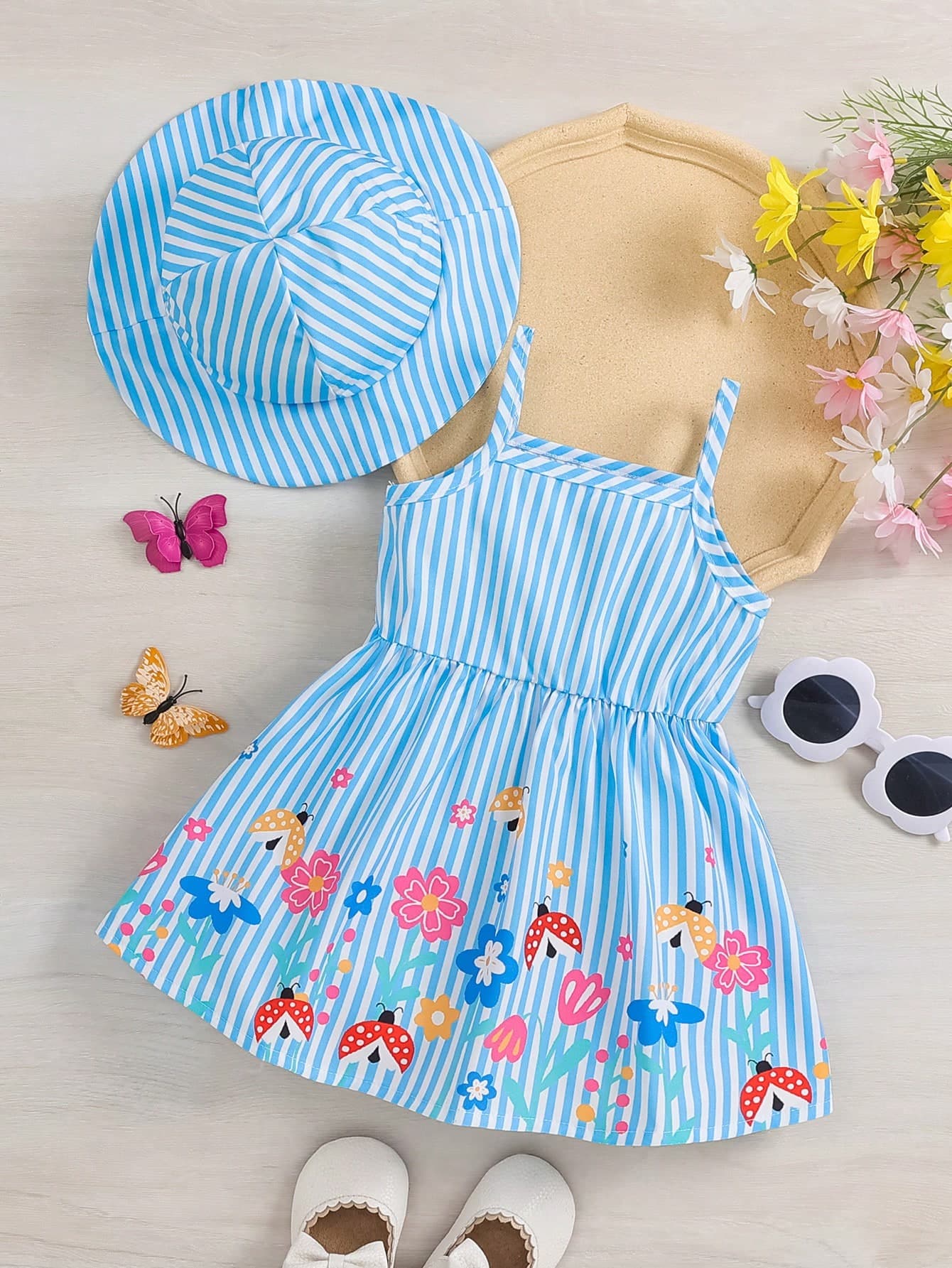 2pcs Baby Girl Floral Print Dress + Hat Set, Casual Elegant Style, Lightweight For Spring/Summer