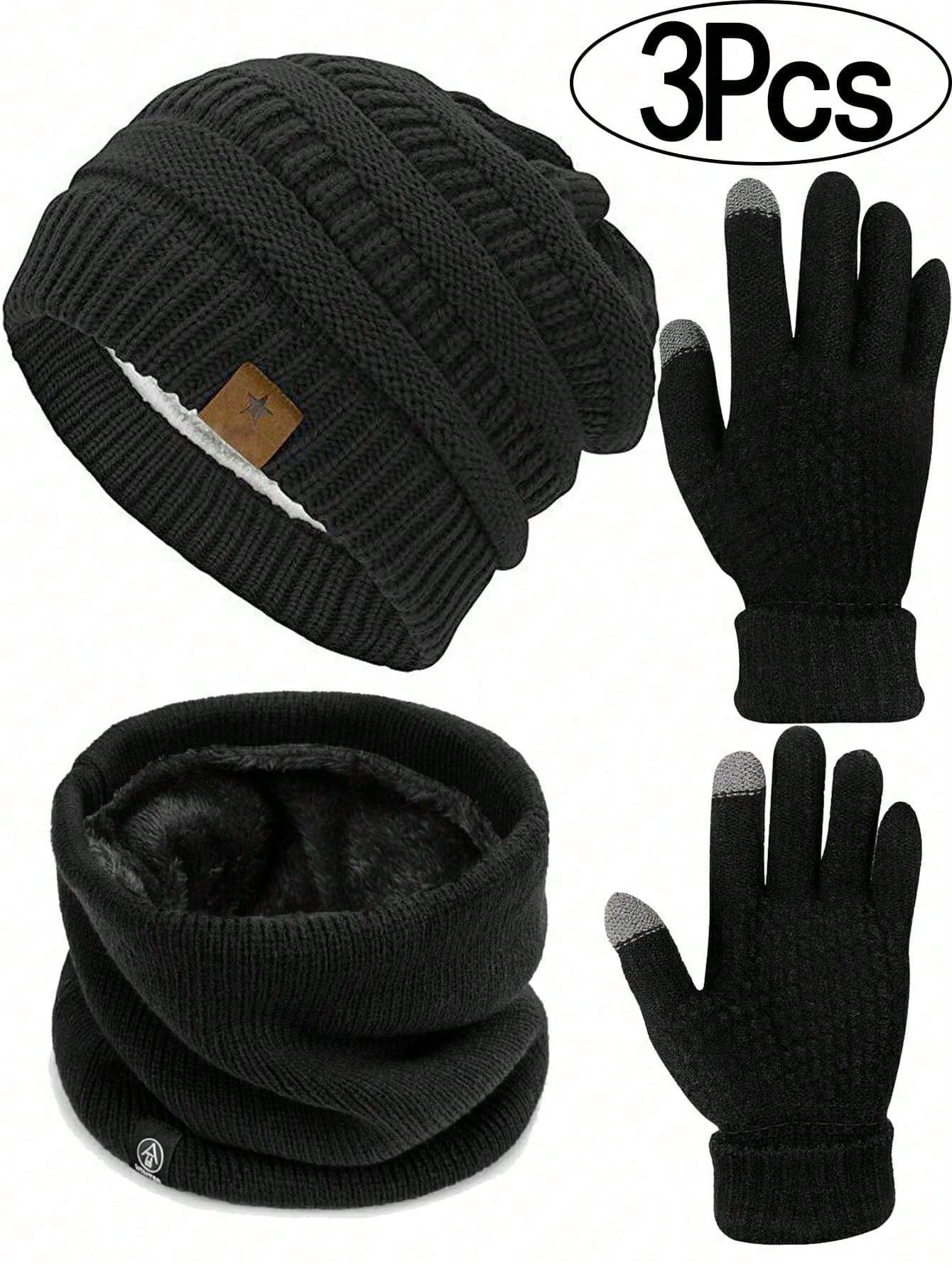 3 Pieces Set: Knit Hat, Scarf And Touchscreen Gloves, Men's Warm Lined Beanie, Thick Solid Color Warm Lined Knit Hat, Men's Warm Ski Hat, Autumn