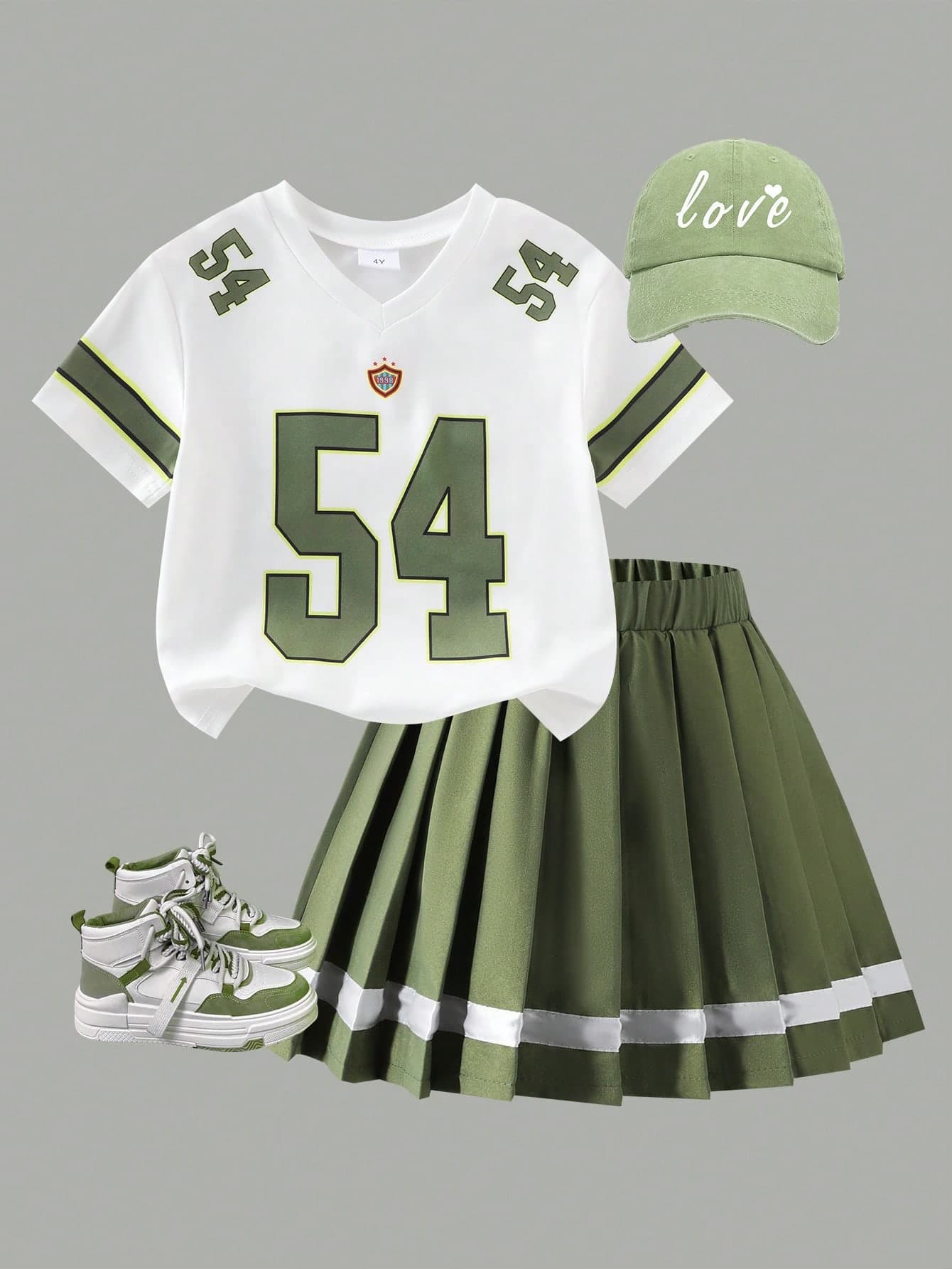 2pcs/Set Toddler Girls' Sports Style Graphic Number V-Neck Short Sleeve Top And Pleated Skirt Set, Summer
