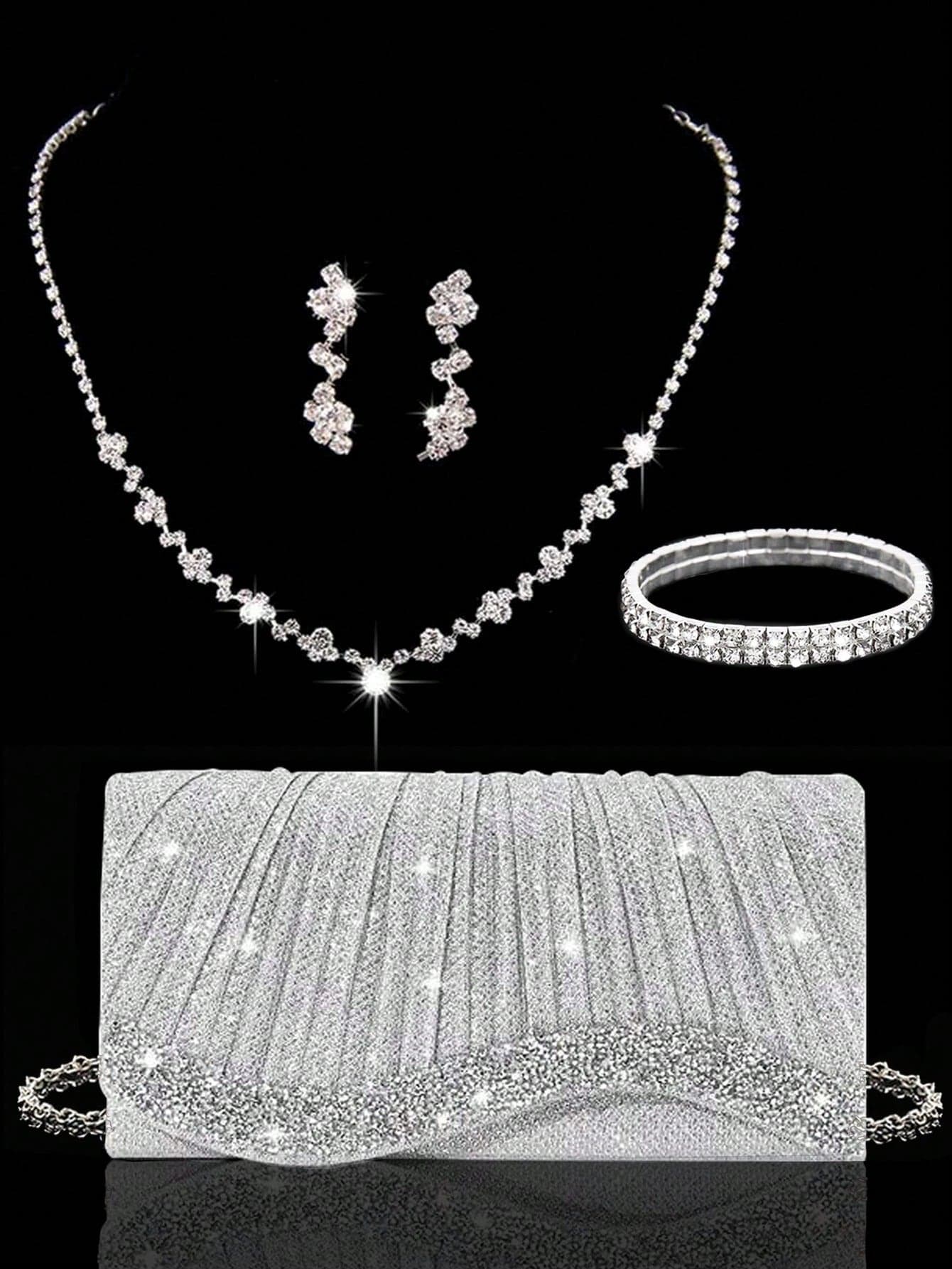 Shiny Women's Clutch Bag, New Rhinestone Evening Bag, Women's Party Bag, Luxury Envelope Bag, Bridal Wedding Bag, Paired With Shiny Rhinestone Jewelry Set Of 3 Pieces, Rhinestone Necklace, Earrings, Bracelet, Suitable For Party, Evening, Gathering, Ball, Wedding And Other Occasions.