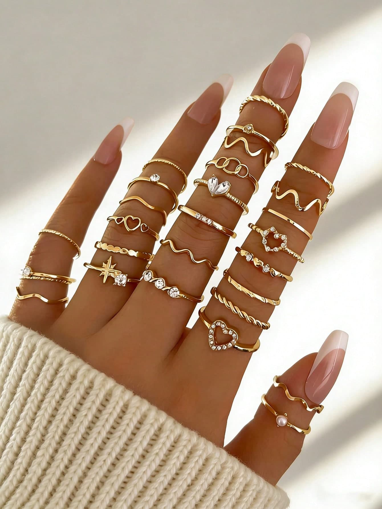 28pcs Smooth Geometric Heart Rhinestone Shaped Fashion Rings, Classic French Style Stackable Thin Band Gold Color Rings For Women