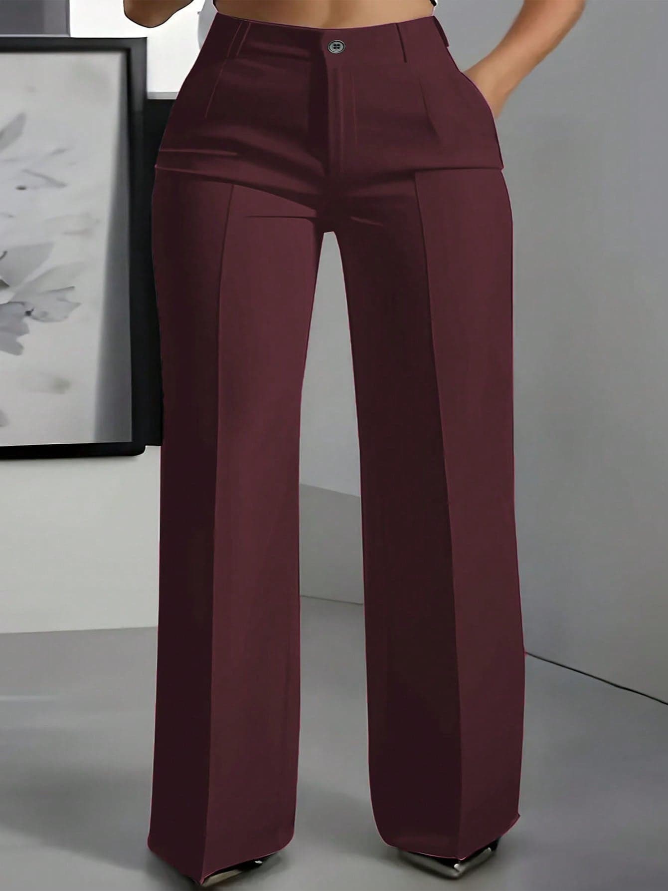 Plus Size Solid Color Button Pocket Zipper Office Pants Spring