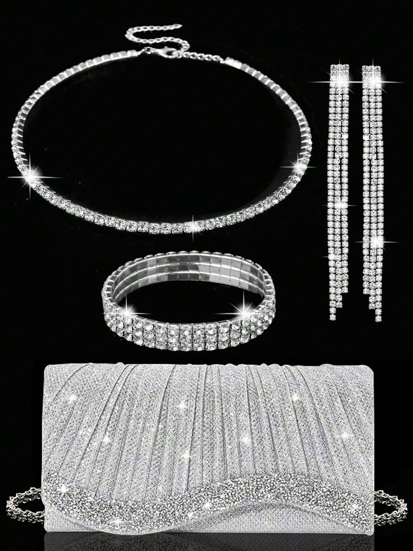 Shiny Women's Clutch, New Rhinestone Evening Bag, Women's Party Bag, Luxury Envelope Bag, Bridal Wedding Bag, Paired With Shiny Rhinestone Jewelry 3 Pieces Set, Rhinestone Necklace, Earrings, Bracelet, Suitable For Party, Evening, Gathering, Ball, Wedding And Other Occasions.