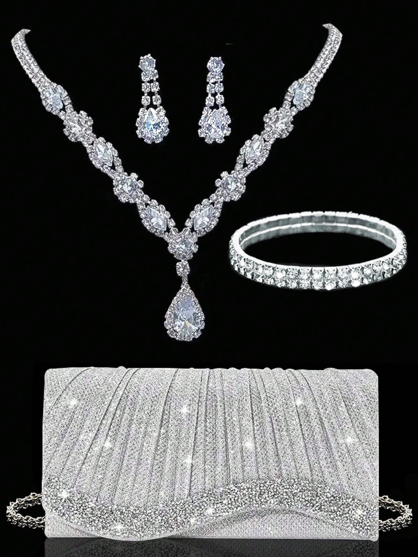 Shiny Women's Clutch Bag, New Rhinestone Evening Bag, Women's Party Bag, Luxury Envelope Bag, Bridal Wedding Bag, Paired With Shiny Rhinestone Jewelry 3 Pieces Set, Rhinestone Necklace, Earrings, Bracelet, Suitable For Party, Evening, Gathering, Ball, Wedding And Other Occasions.