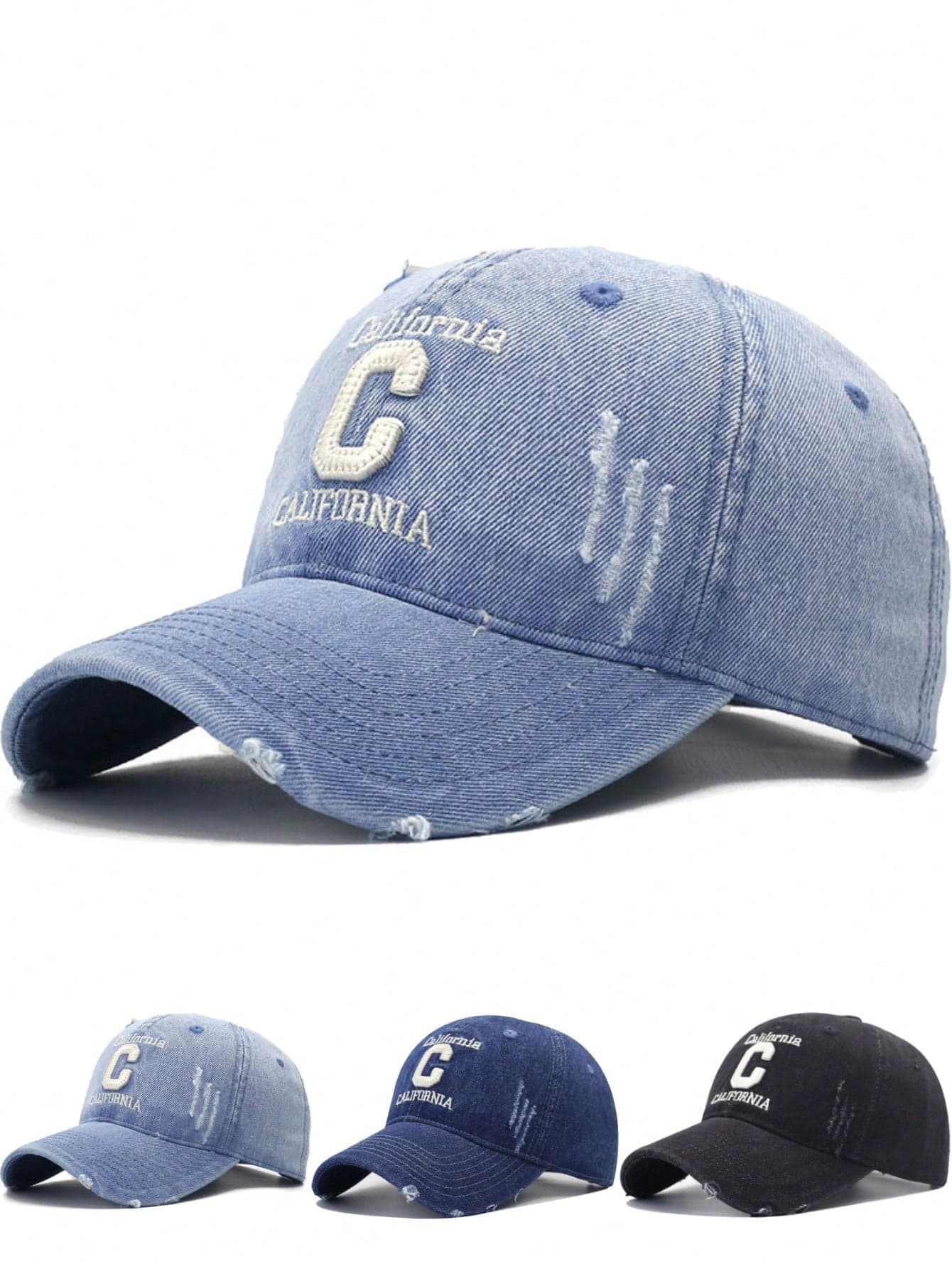 1pc Distressed Denim Baseball Cap With 3D Embroidered Letter C And "California" Embroidery, Unisex Couple Style, Soft Crown Curved Brim,Beach,Travel