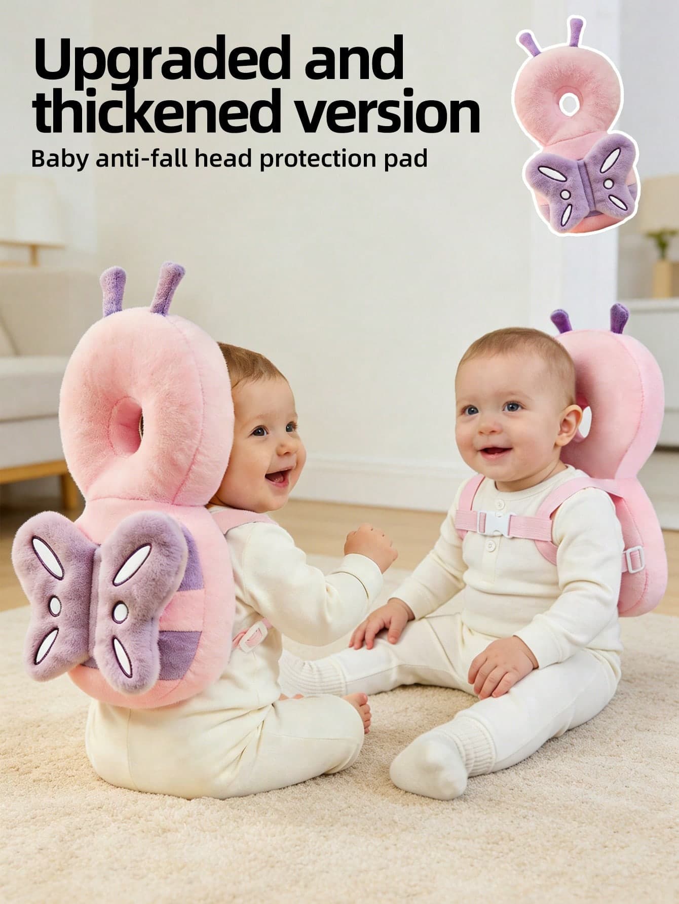 Upgraded Baby Anti-Fall Pillow, Thickened & Widened Toddler Walking Protection Pad, Baby Head Protection Cushion Suitable For Toddlers Learning To Walk And Crawl, Adjustable Baby Head Protection Pad, Breathable Head Protection Pillow, Anti-Fall Pillow, Infant & Toddler Walking Supplies, Upgraded Thickened Cartoon Butterfly Design Anti-Fall Head Pad