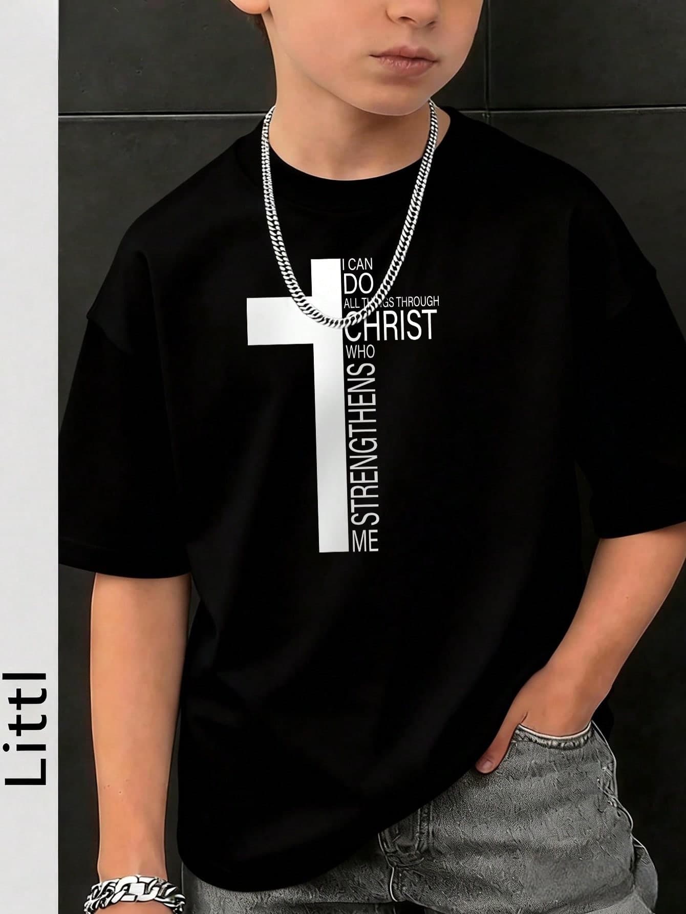 Boys "I Can Do All Things Through Christ" Cross Graphic Loose Fit T-Shirt, Children's Christian Faith Streetwear Summer Top