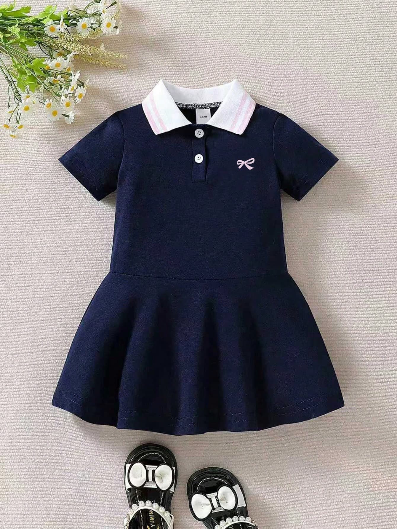 Baby Girls' Casual Bow Decor Collar Dress, Summer