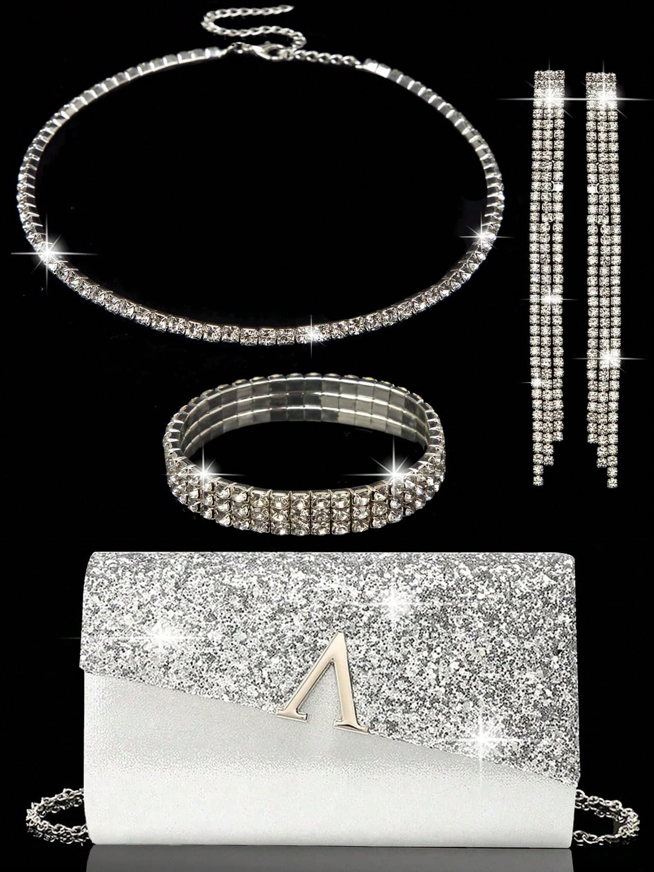 Elegant Evening Clutch, Sparkling A-Shaped Diamond Flap Envelope Clutch, Comes With Sparkling Rhinestone Jewelry 3 Pieces Set, Elegant Evening Clutch, Women's Ball Handbag, Women's Wedding Evening Bag, Party Handbag, Metal Chain Handbag, Wedding Party Handbag, New Cocktail Party Wedding Wallet Evening Clutch