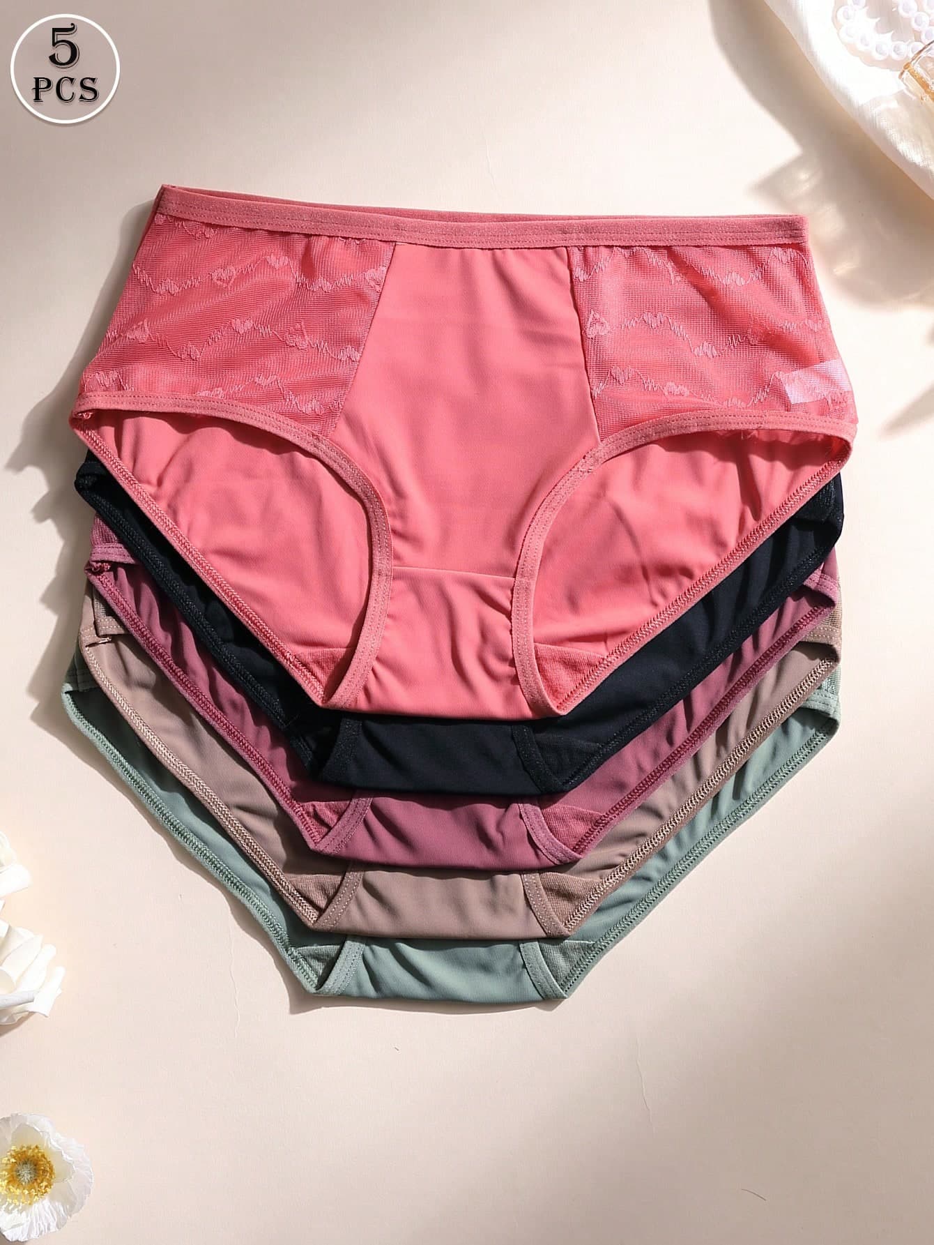 5pcs Sexy Lace Patchwork Women's Low Waist Seamless Triangle Panties, Ice Silk Soft Comfortable Breathable Underwear Suitable For Yoga, Sports And Daily Wear