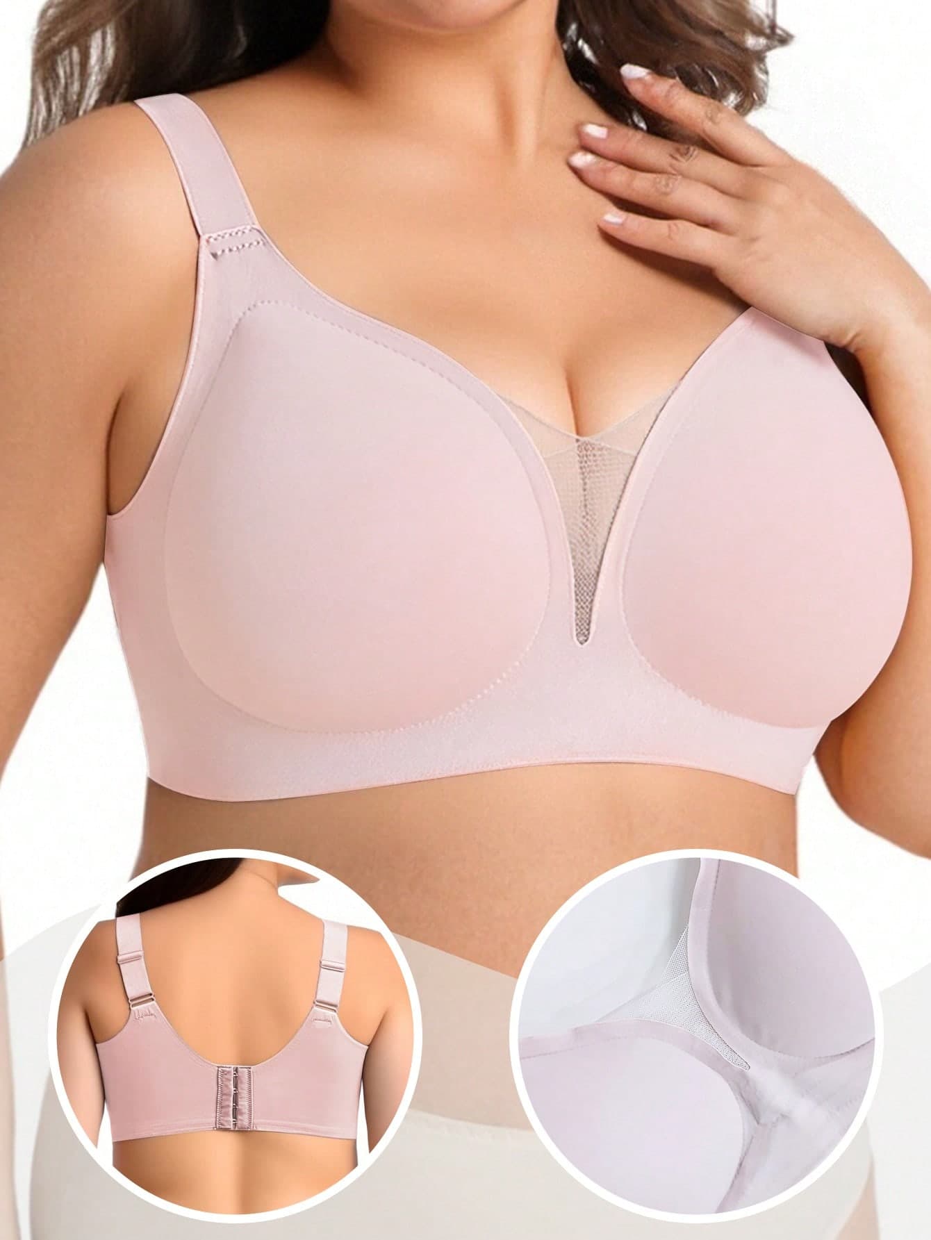 Plus Size Soft Support Wireless Bra, Seamless Mesh Patchwork Backless Bra