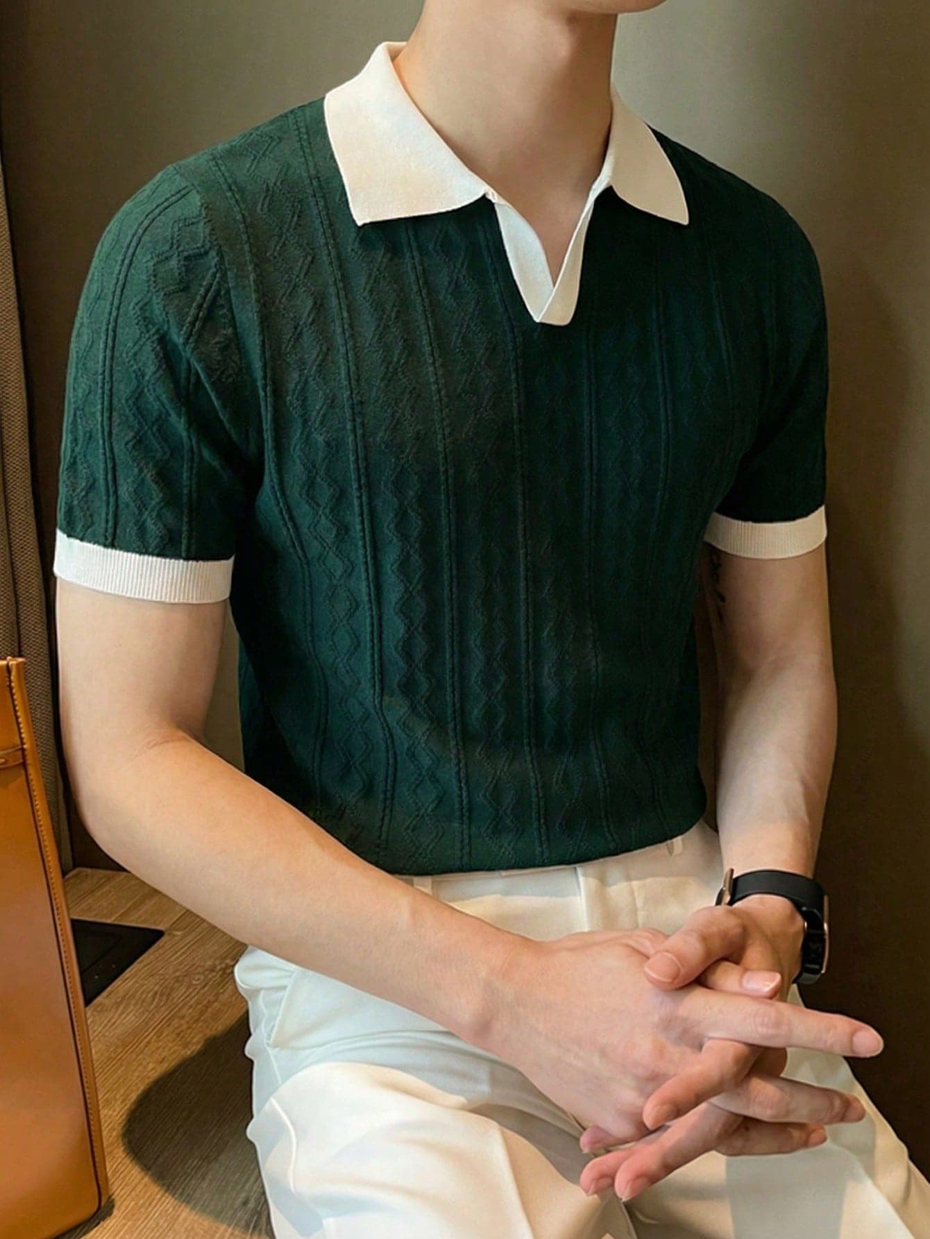 ALTZTAR Men's Contrast Color Short Sleeve Knitted Cable Textured Polo Shirt