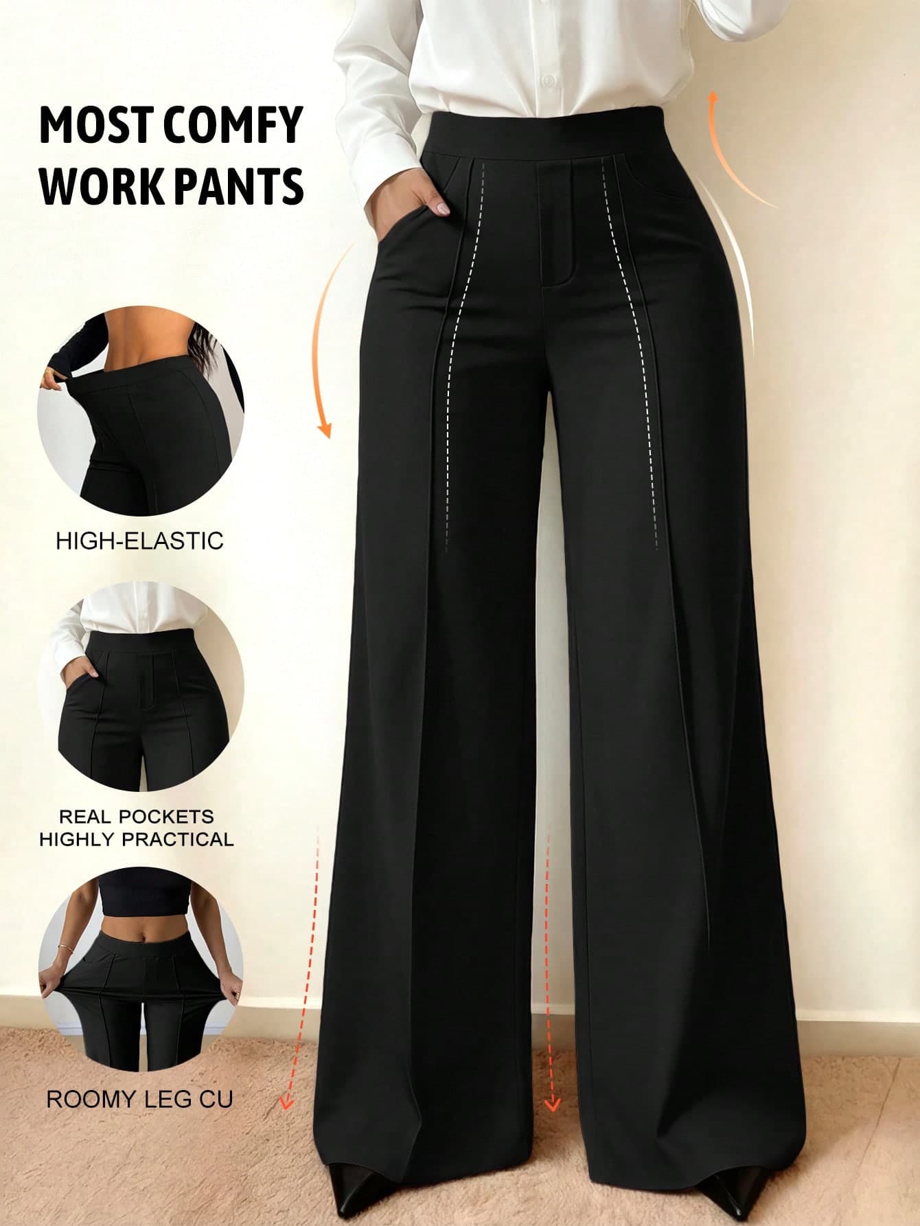 Spring/Summer Elastic Thin Daily Versatile Commute Minimalist Solid Color Wide Leg Pants With Pockets And Seam Detail To Shape Legs Women's Black