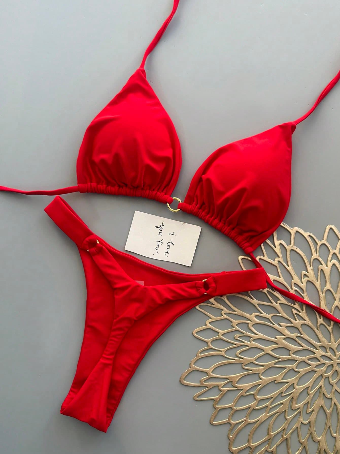 Summer Vacation Beach Solid Color Bikini Set Red