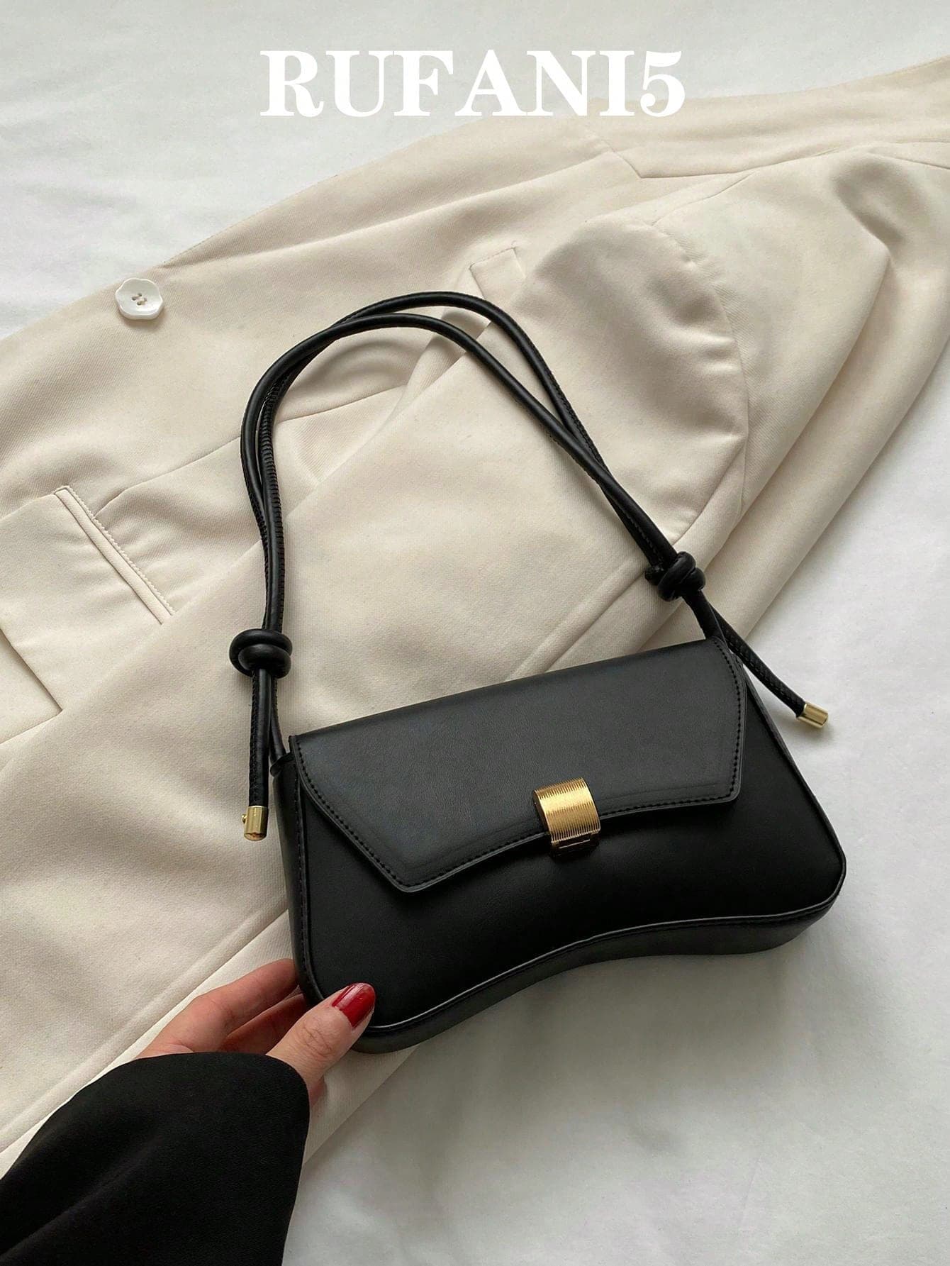 Retro Lightweight, Business Casual Black Flap Bag Vintage Knot Detail PU For Teen Girls Women College Students