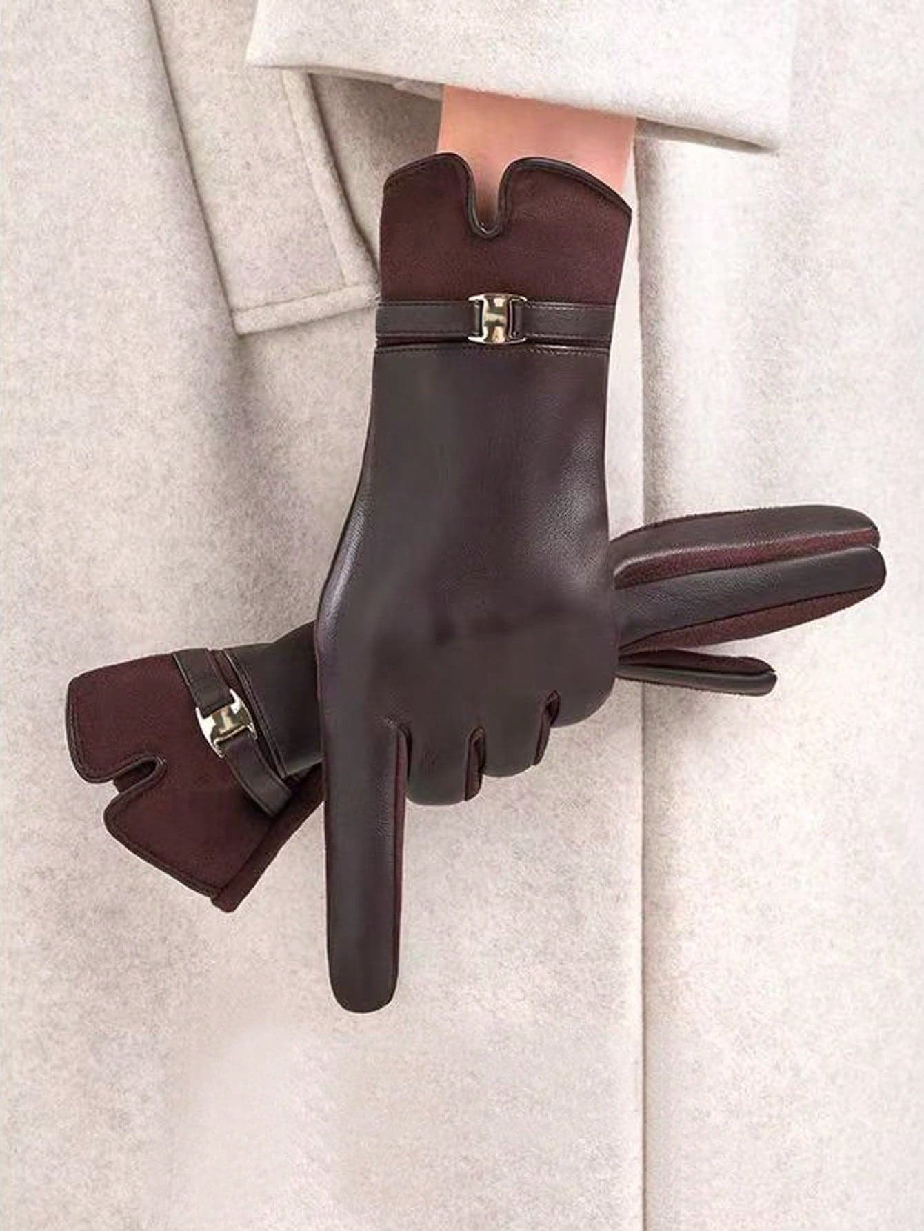 1 Pair Women's Elegant Solid Color PU Rhinestone Casual Outdoor Sports Gloves, Suitable For Mature Women In Autumn/Winter, Halloween