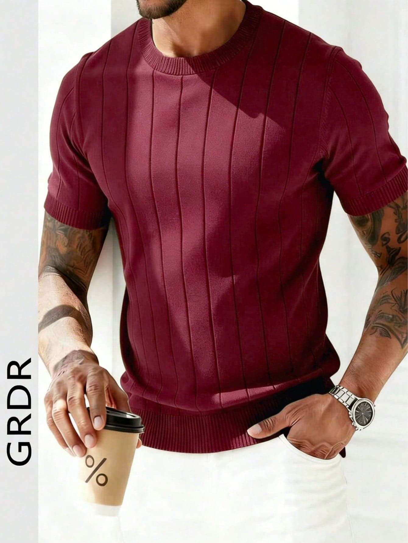 GRDR Men's Summer Ribbed Crew Neck Lightweight Knit Short Sleeve Sweater