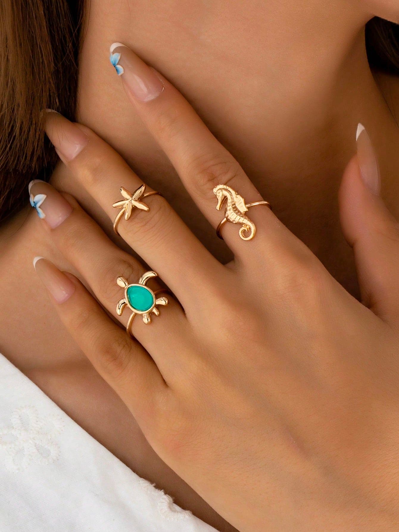 3pcs/Set Beach Vacation Seahorse, Turtle, Starfish Ring Set, Boho Style Ocean Animal Rings, Matching Well With Bikini Swimwear