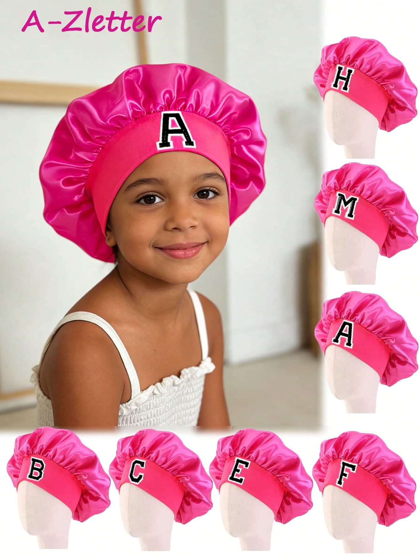 Children's A-Z Letter Pink Elastic Wide Brim Satin Sleeping Cap - Fit, Hair Protection, Ultra Soft & Breathable Design With Anti-Slip Lining