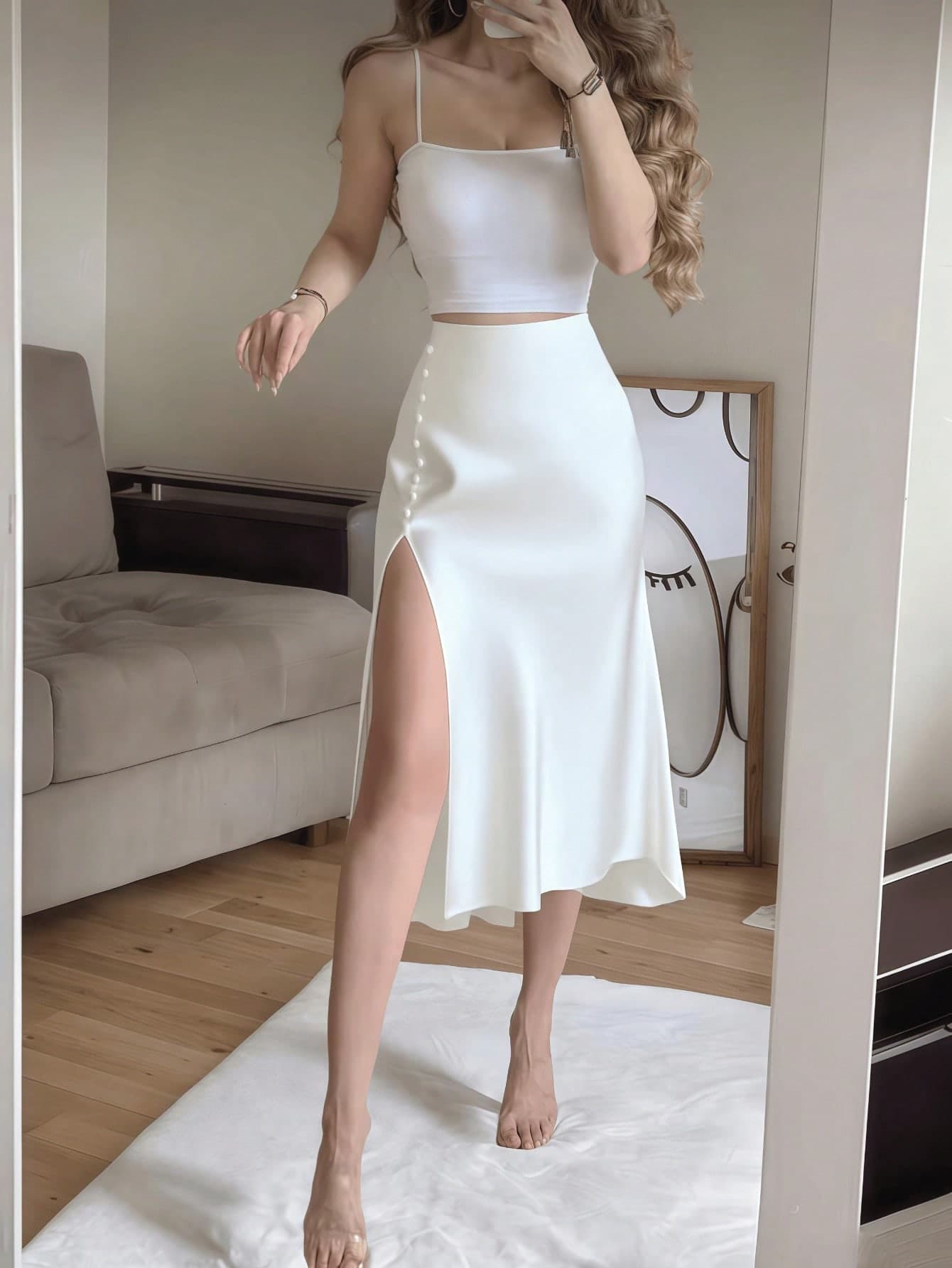 White Satin High Slit Button-Up Skirt, French Elegant A-Line Skirt Spring