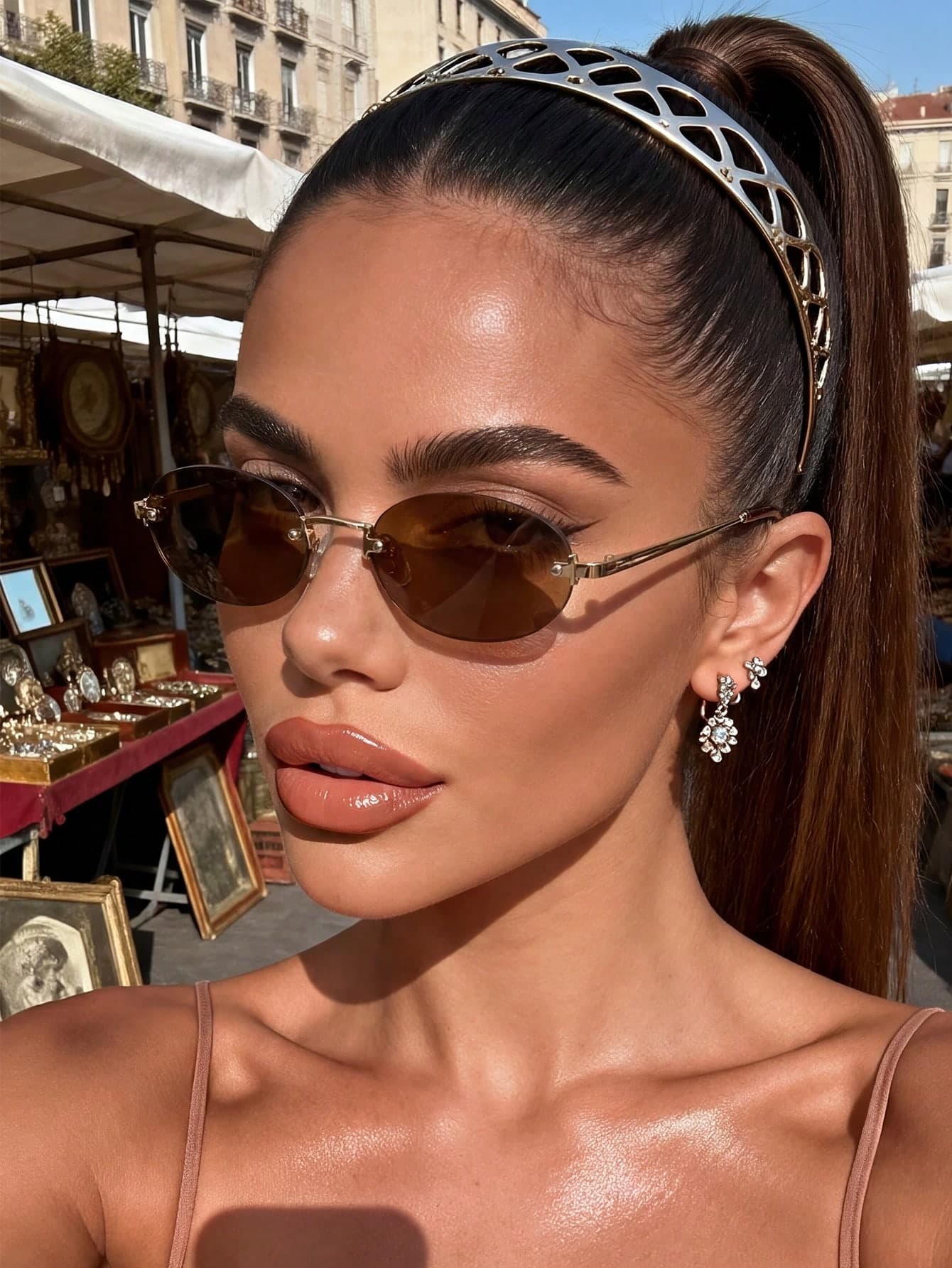 1 Pair Women's Vintage Oval Metal Frame Fashion Glasses, Ins Style, Suitable For Daily Commute, Beach Vacation, Street Style