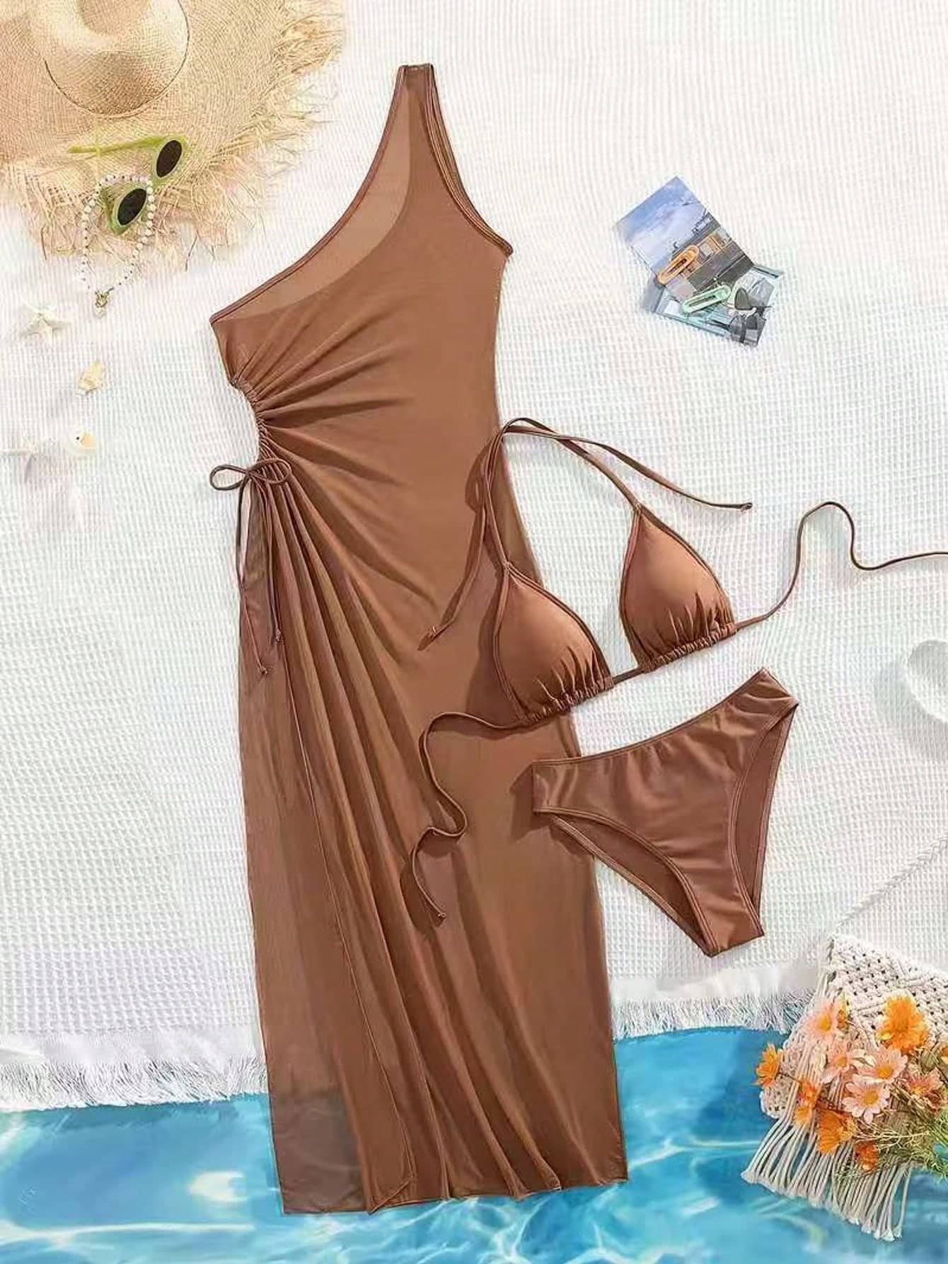 2026 New 3pcs Brown Swimwear Set For Women, Spaghetti Strap Bikini With Mesh Cover-Up, Elegant Holiday Essential Vacation Beach Summer