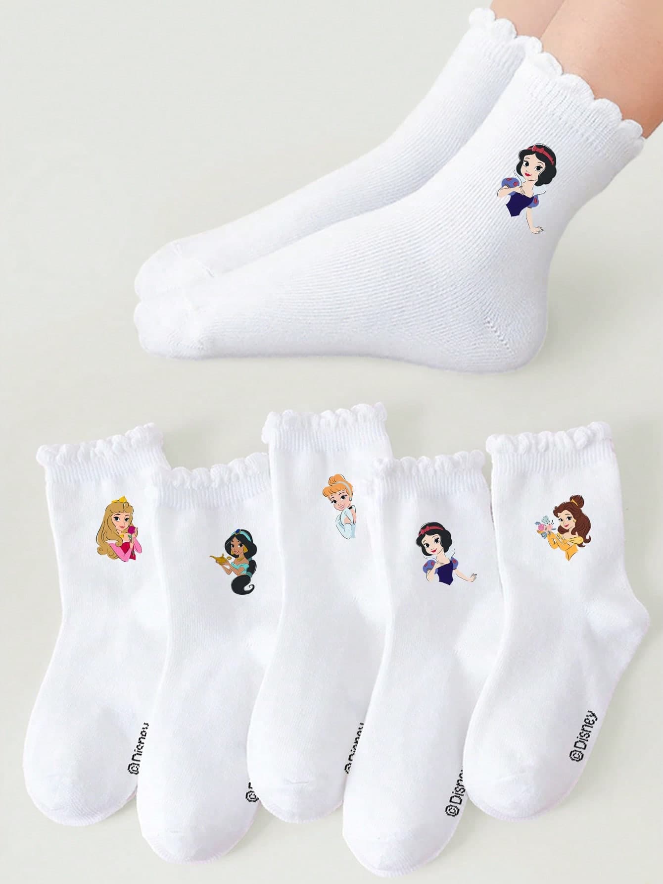Disney 5 Pairs Princess/ Socks, Girls' White Lace Trim Socks, Cute Cartoon Princess/Floral Pattern Decor, Versatile, Breathable, Comfortable, Moisture-Wicking, Soft, Suitable For Holidays, Outings, School, Back To School