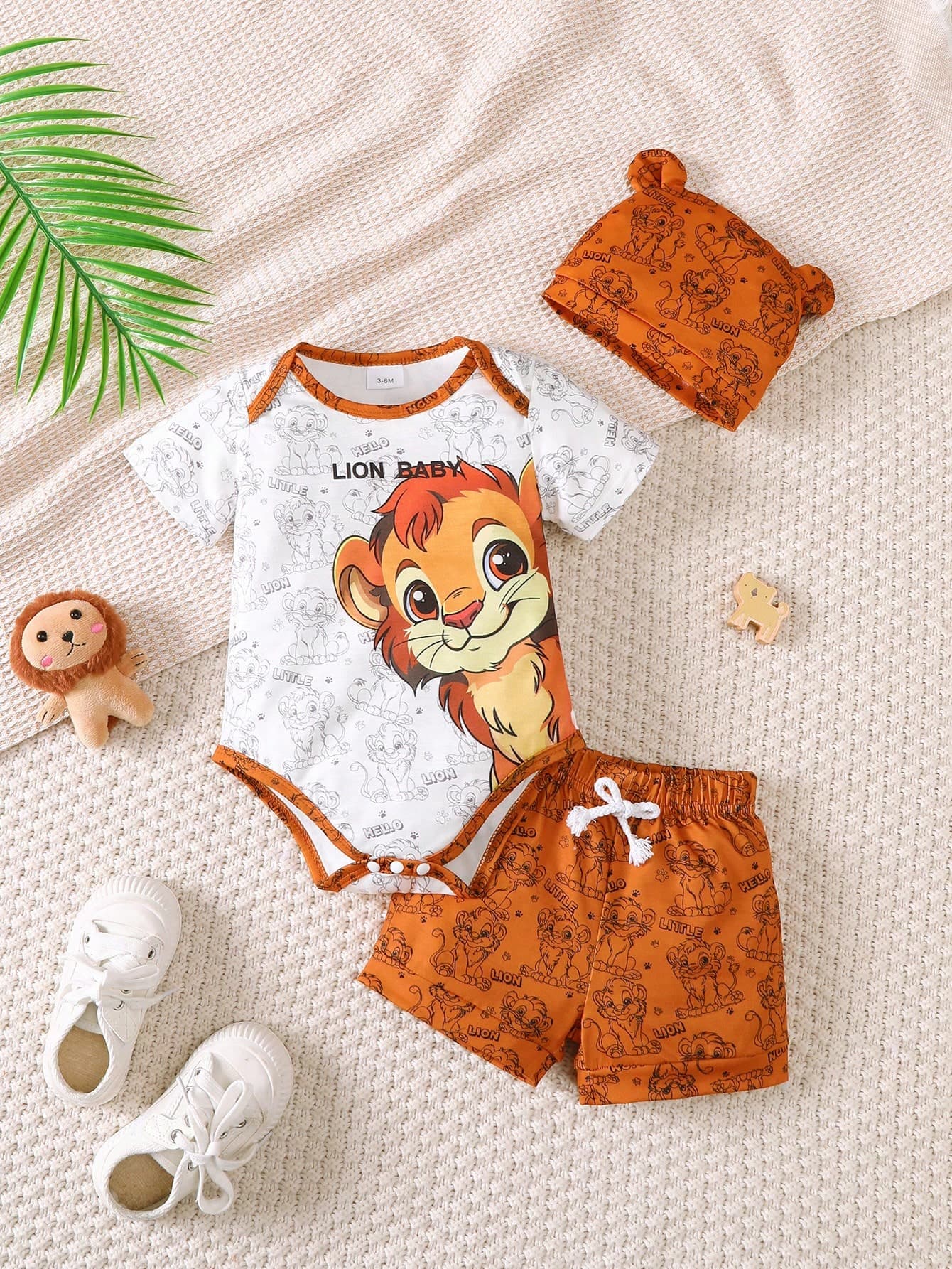 3pcs Baby Boys Fashionable Outfit Set "Brave Lion Baby" English Letter Print White Romper, Orange Shorts, Ear Hat, Newborn Photoshoot Clothes, 2026 New Arrival
