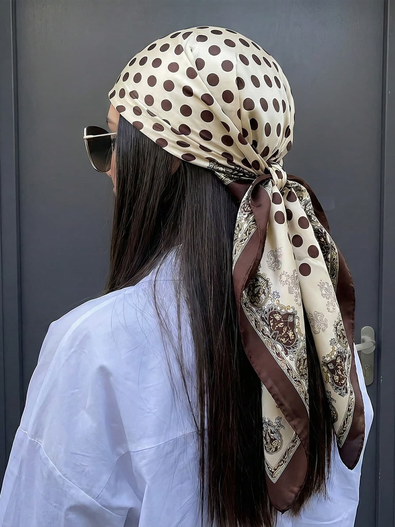 1pc Bohemian Style Polka Dot Printed Satin Headscarf, Fashionable Outdoor Bandana,Suitable For Spring/Summer