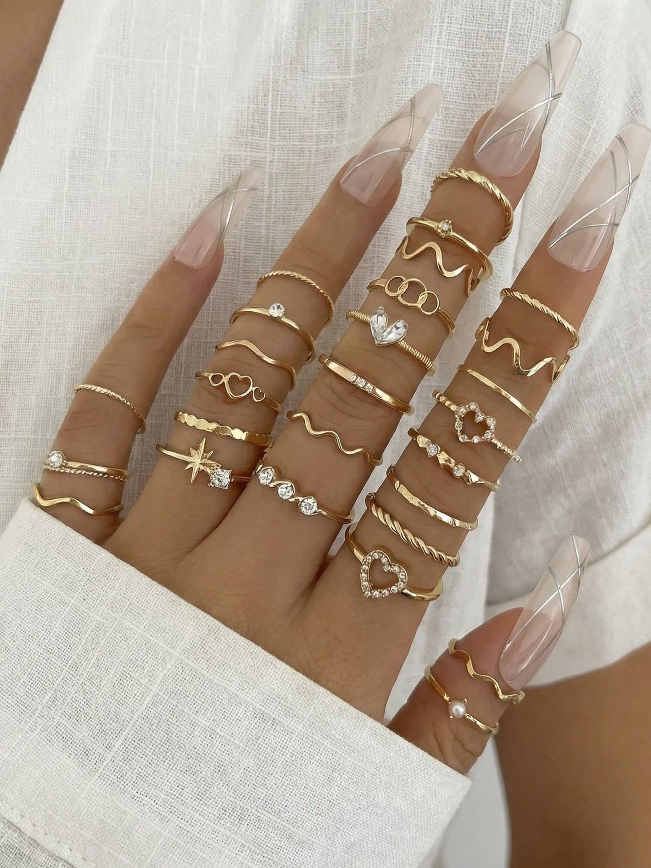 28pcs Heart-Shaped Geometric Bohemian Rhinestone Wave Ring Set, Suitable For Daily Wear, Adult Gift, Date, Anniversary