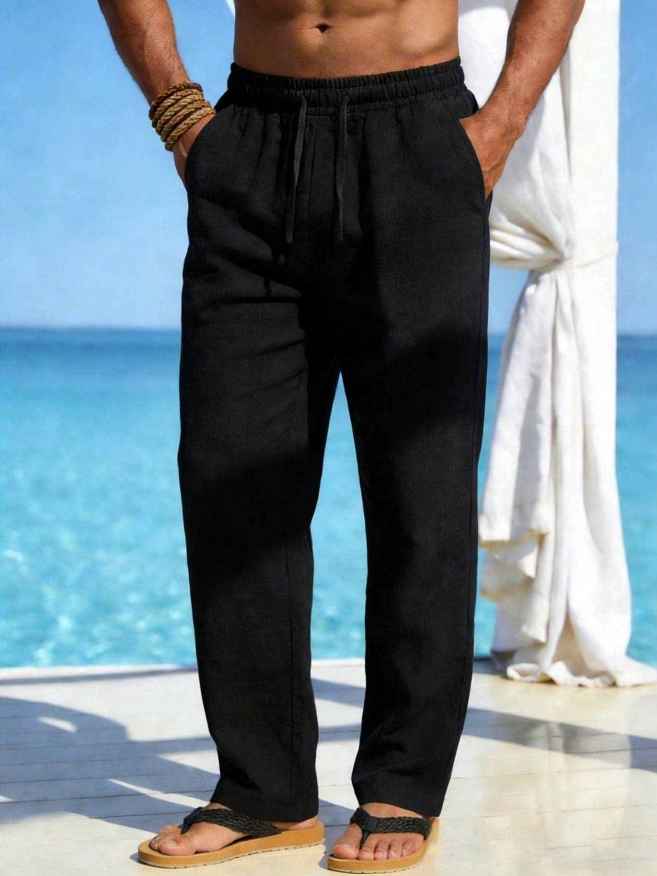 Men's Casual Solid Color Pocket Drawstring Loose Linen Pants, Comfortable For Spring, Summer, Autumn And Winter