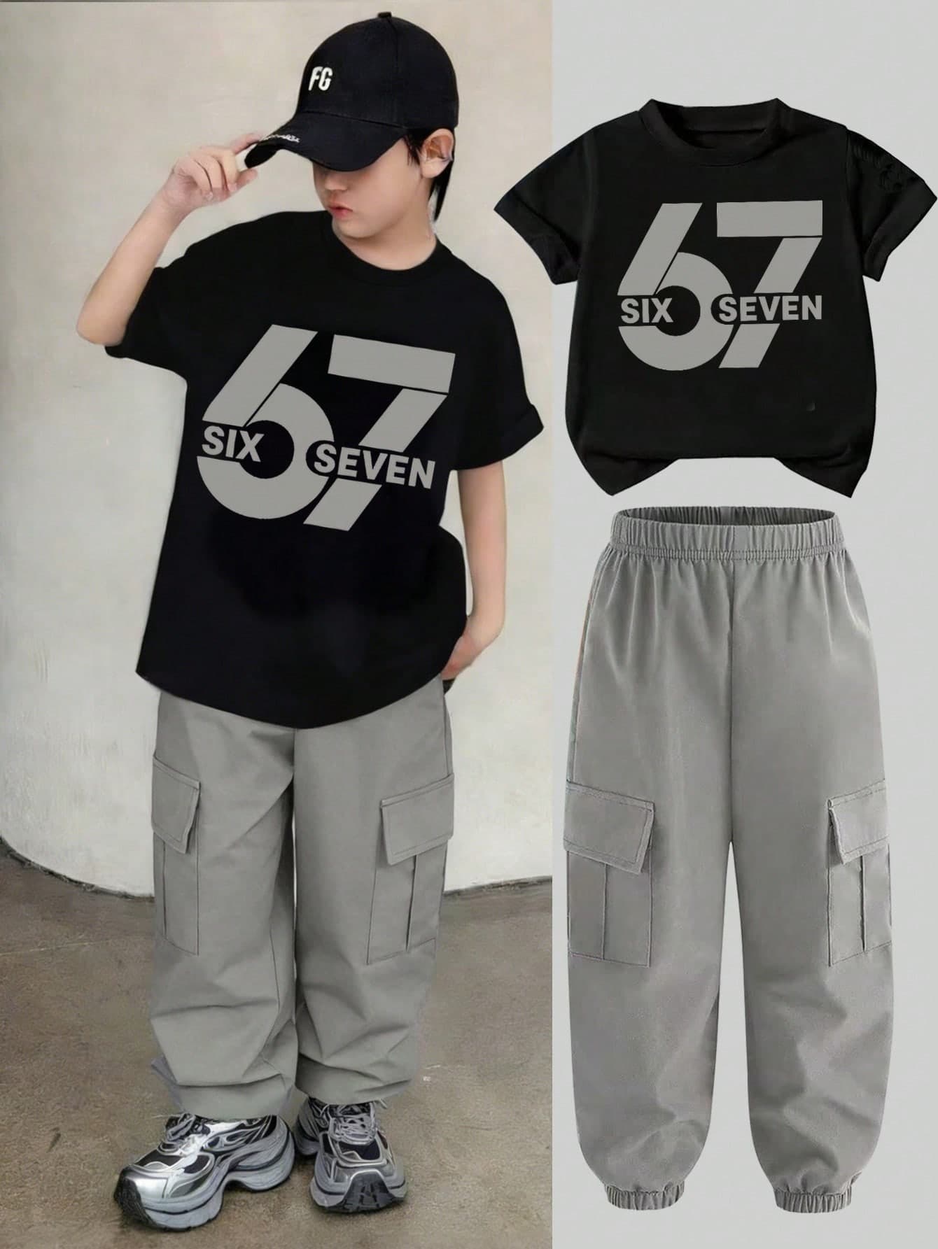 Tween Boy Numeric Print Short Sleeve T-Shirt And Cargo Pants Set