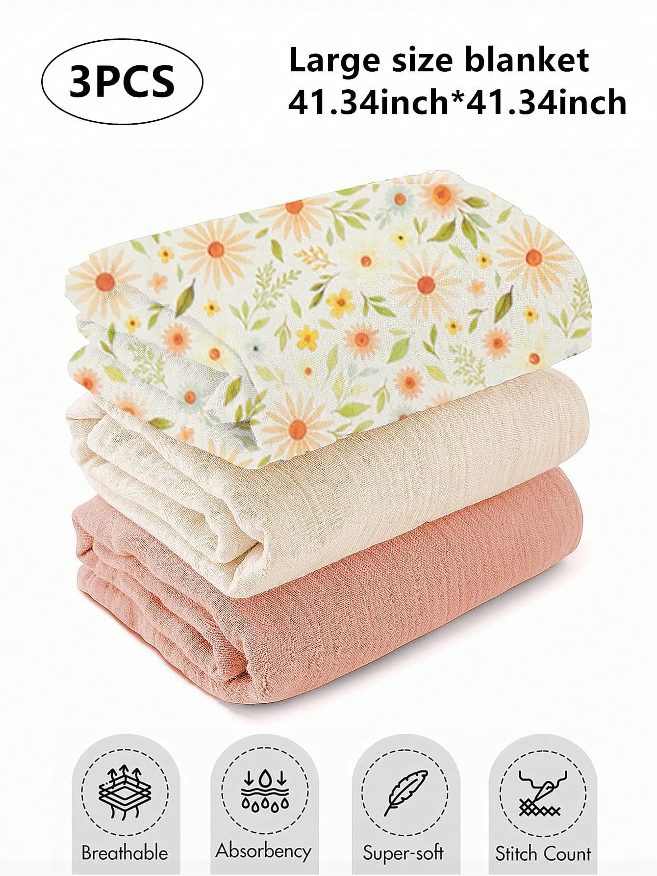 3pcs Newborn Muslim Style Swaddle Blankets, 100% Cotton Breathable Soft Receiving Blankets, Large Size 41.34 X 41.34 Inches Swaddle Wrap For Clothing, Diaper Change, Essential For Baby Boys And Girls, Infant Shower Gift