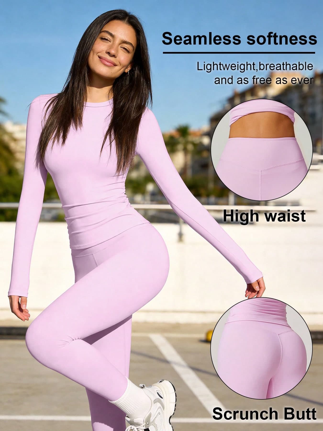 Women's Solid Color Casual Sports Top And Pants Set, Suitable For Daily Yoga And Workout Pink Spring