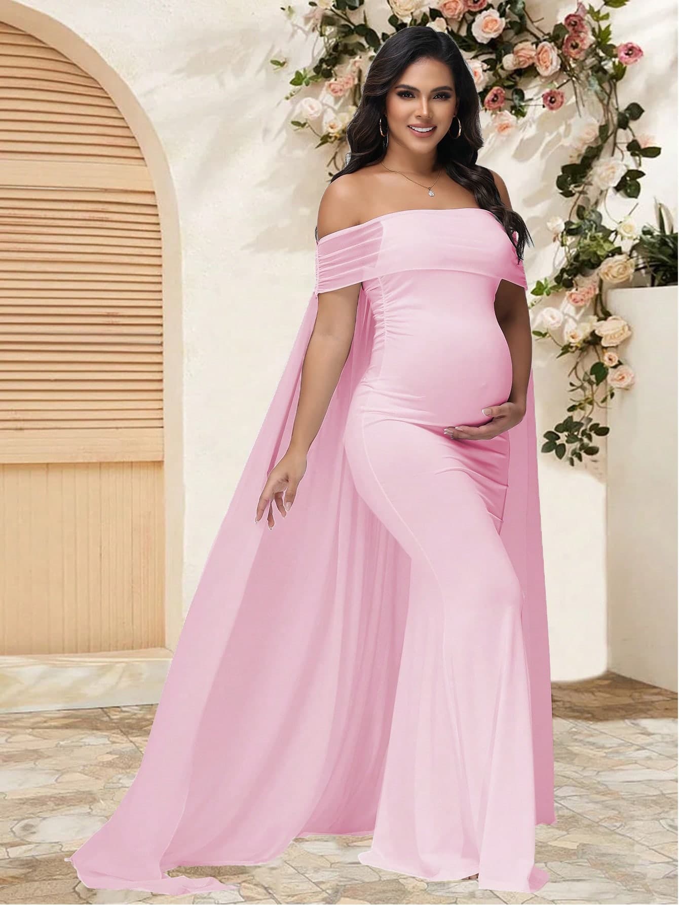 JustVH Elegant Maternity Sheer Shoulder Dress, Suitable For Baby Shower Party, Hooded Long Dress Spring Pink
